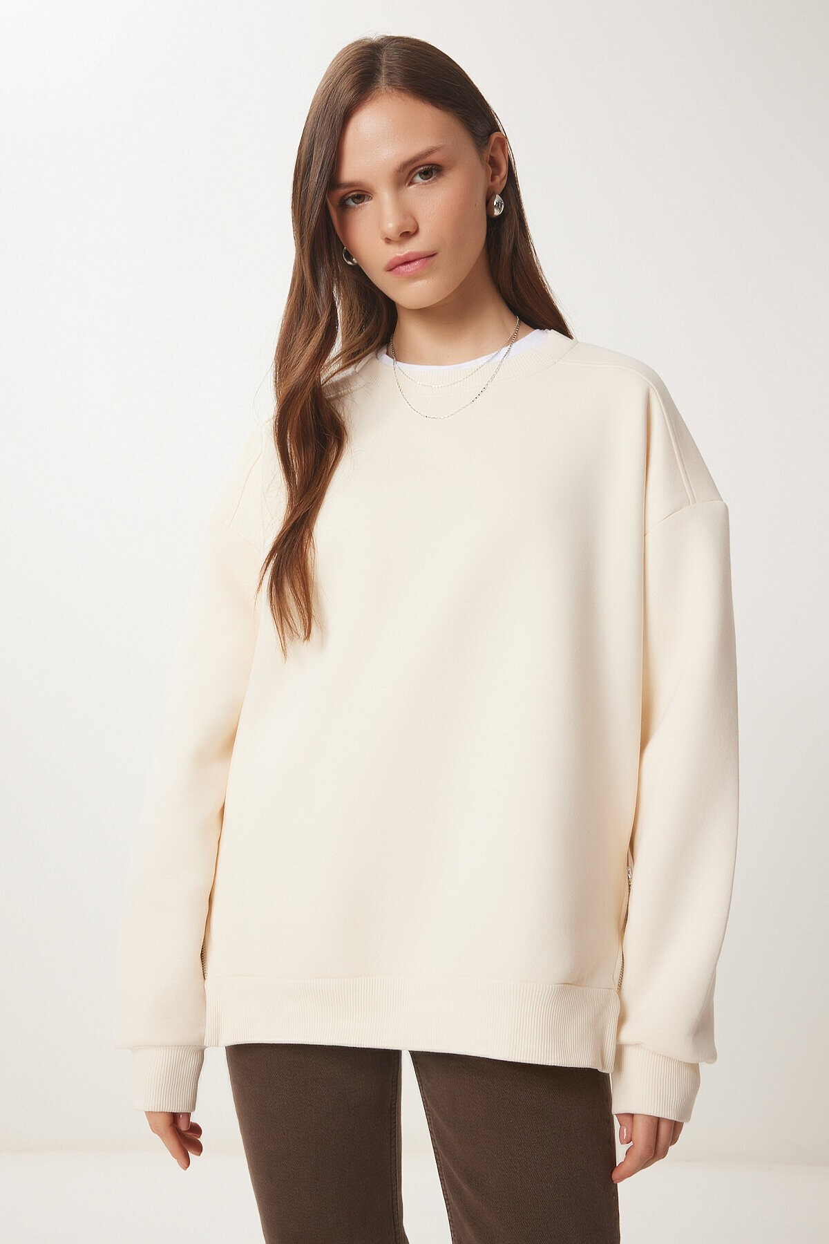 Fermuar Detaylı Şardonlu Sweatshirt KREM LUB0003