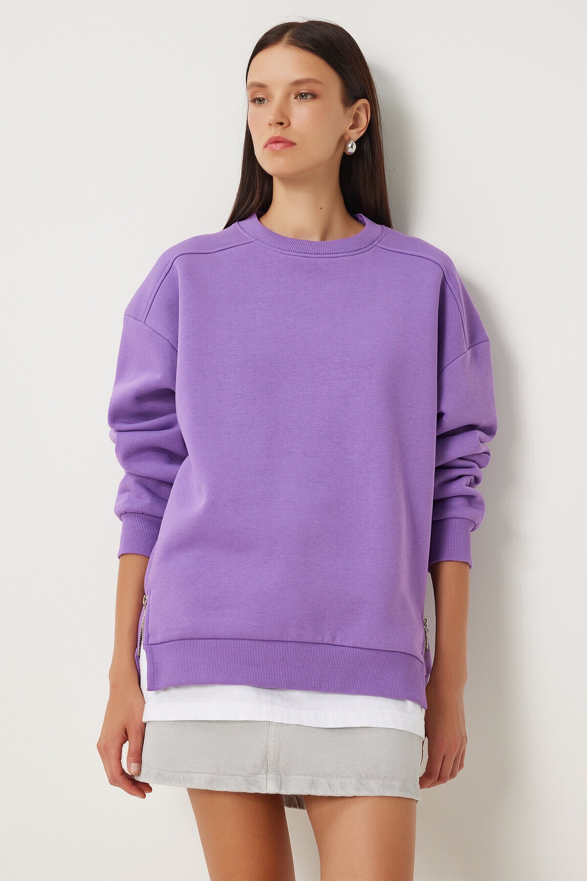 Fermuar Detaylı Şardonlu Sweatshirt MOR LUB0003