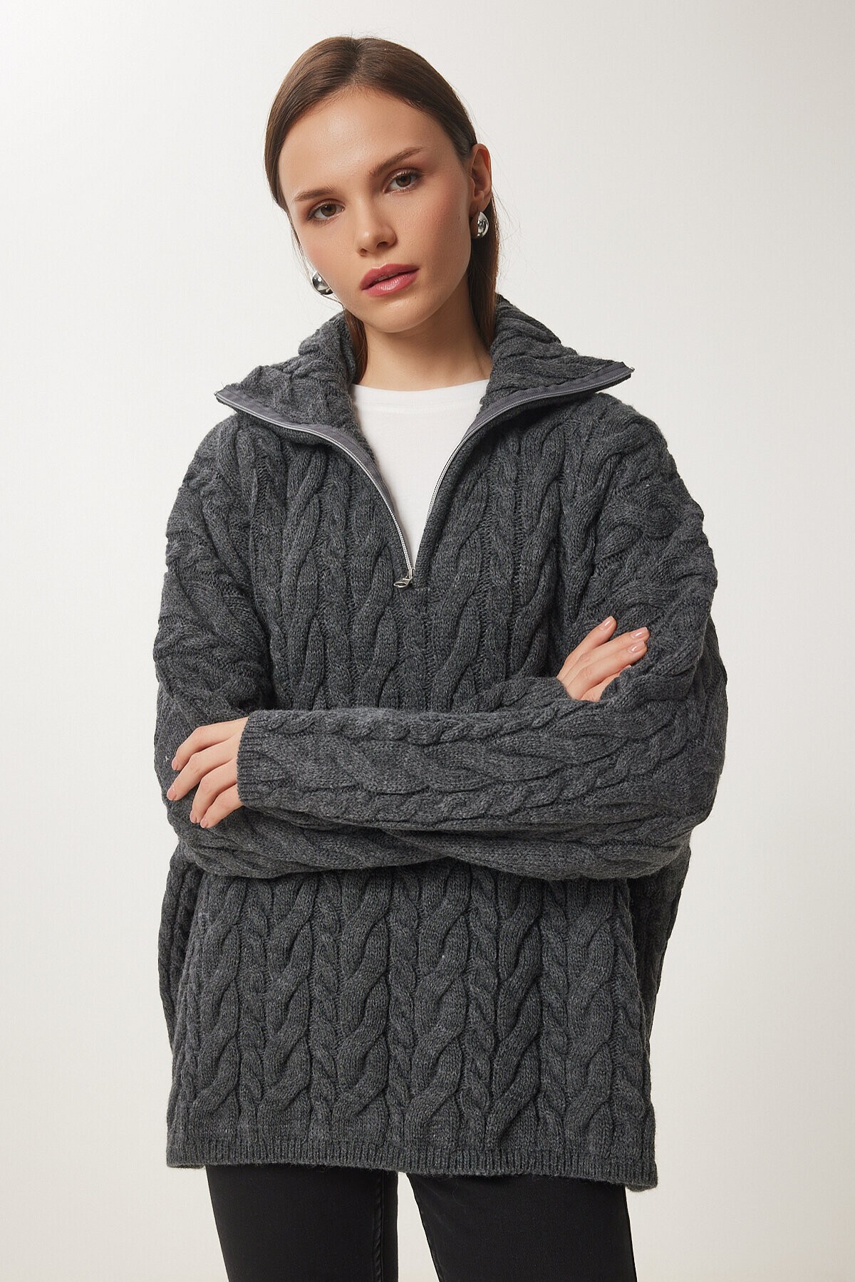Fermuarlı Dik Yaka Kalın Oversize Triko Kazak ANTRASİT LUS0063