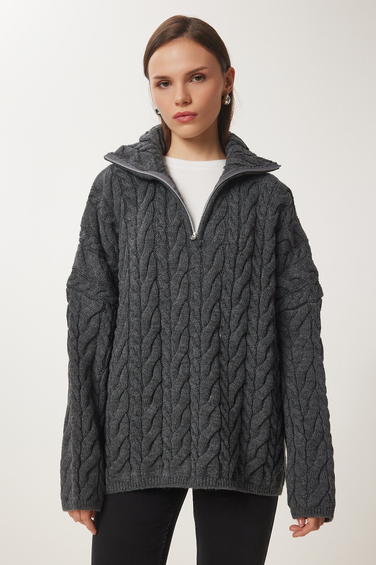 Fermuarlı Dik Yaka Kalın Oversize Triko Kazak ANTRASİT LUS0063