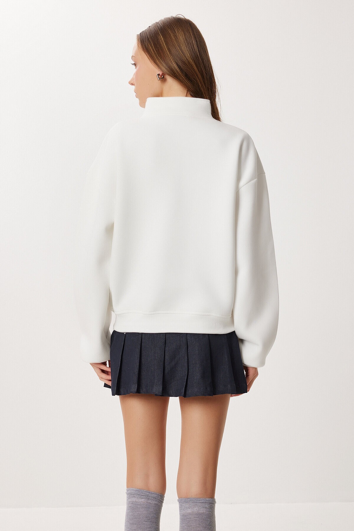 Fermuarlı Yaka Baskılı Şardonlu Örme Sweatshirt EKRU LUB0306