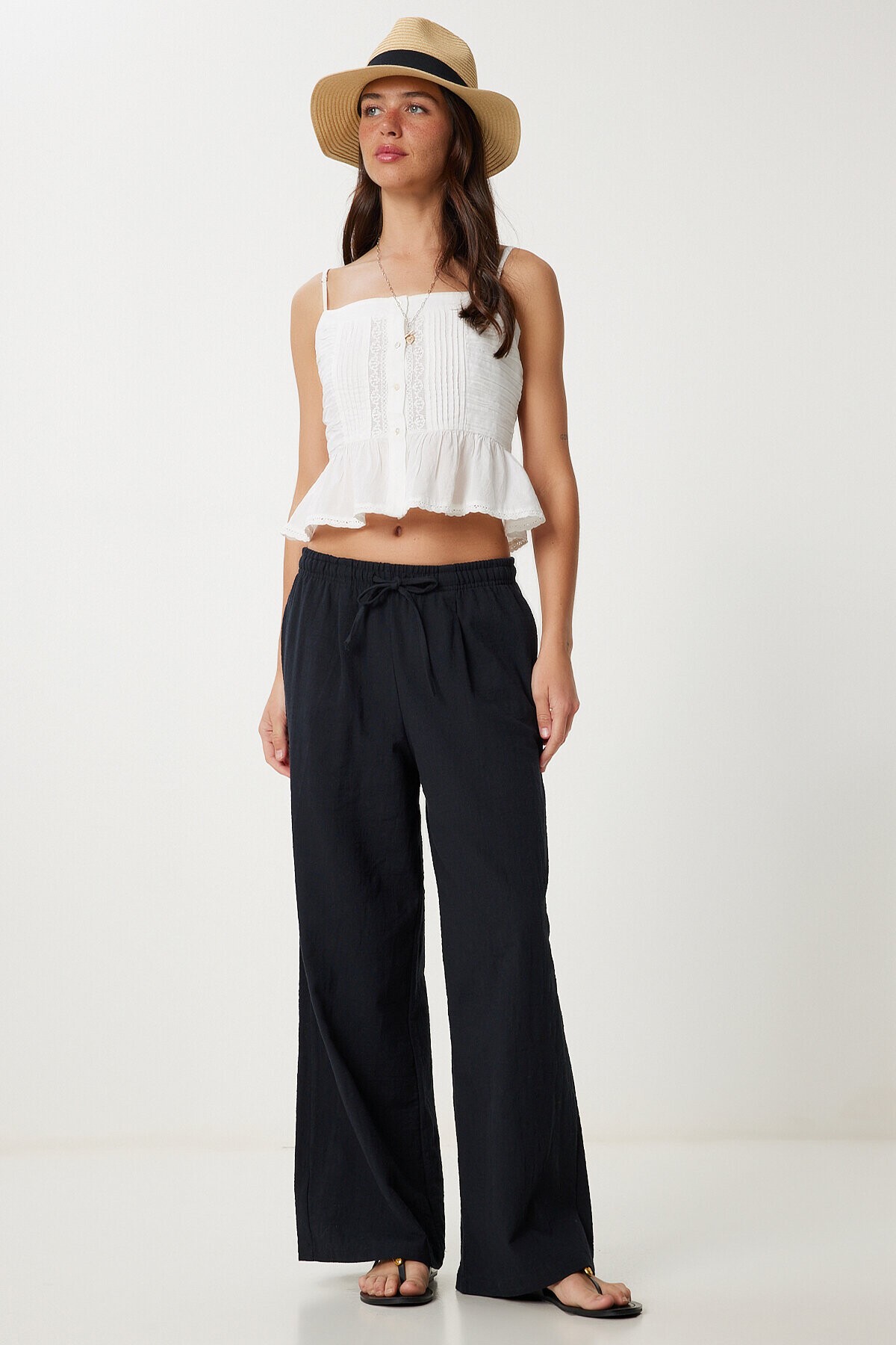 Geniş Paça Keten Pantolon SİYAH LUB0117