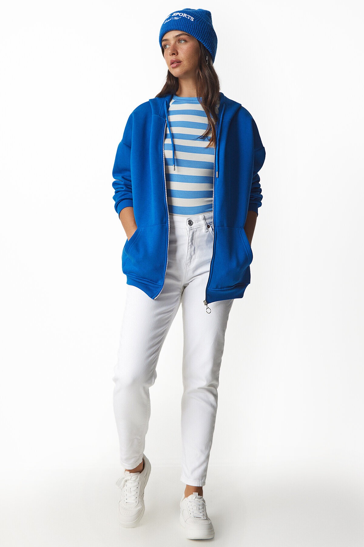 Kapüşonlu Fermuarlı Oversize Şardonlu Örme  Sweatshirt MAVİ LUB0002