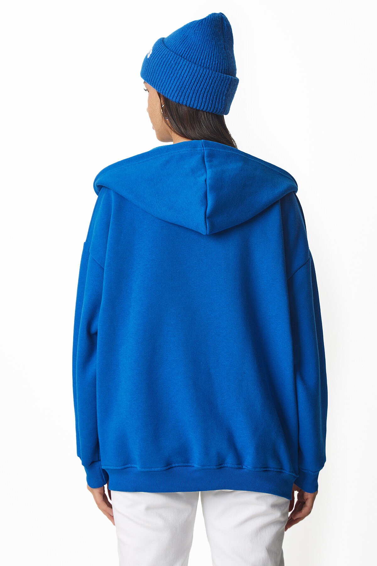 Kapüşonlu Fermuarlı Oversize Şardonlu Örme  Sweatshirt MAVİ LUB0002