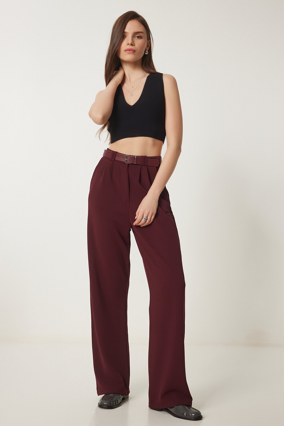 Kemerli Rahat Palazzo Örme Pantolon BORDO LRV0093