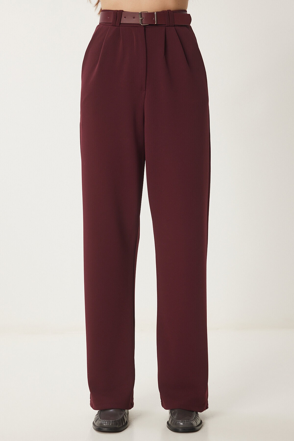 Kemerli Rahat Palazzo Örme Pantolon BORDO LRV0093