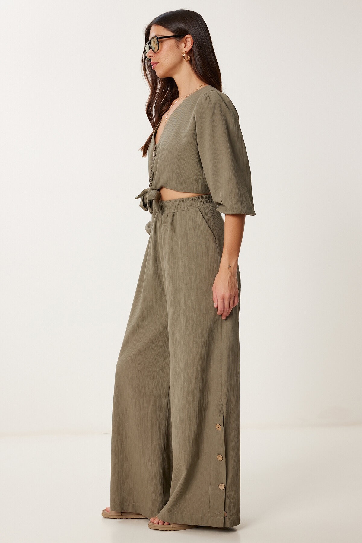 Keten Crop Bluz Pantolon Takım HAKİ LRV0107
