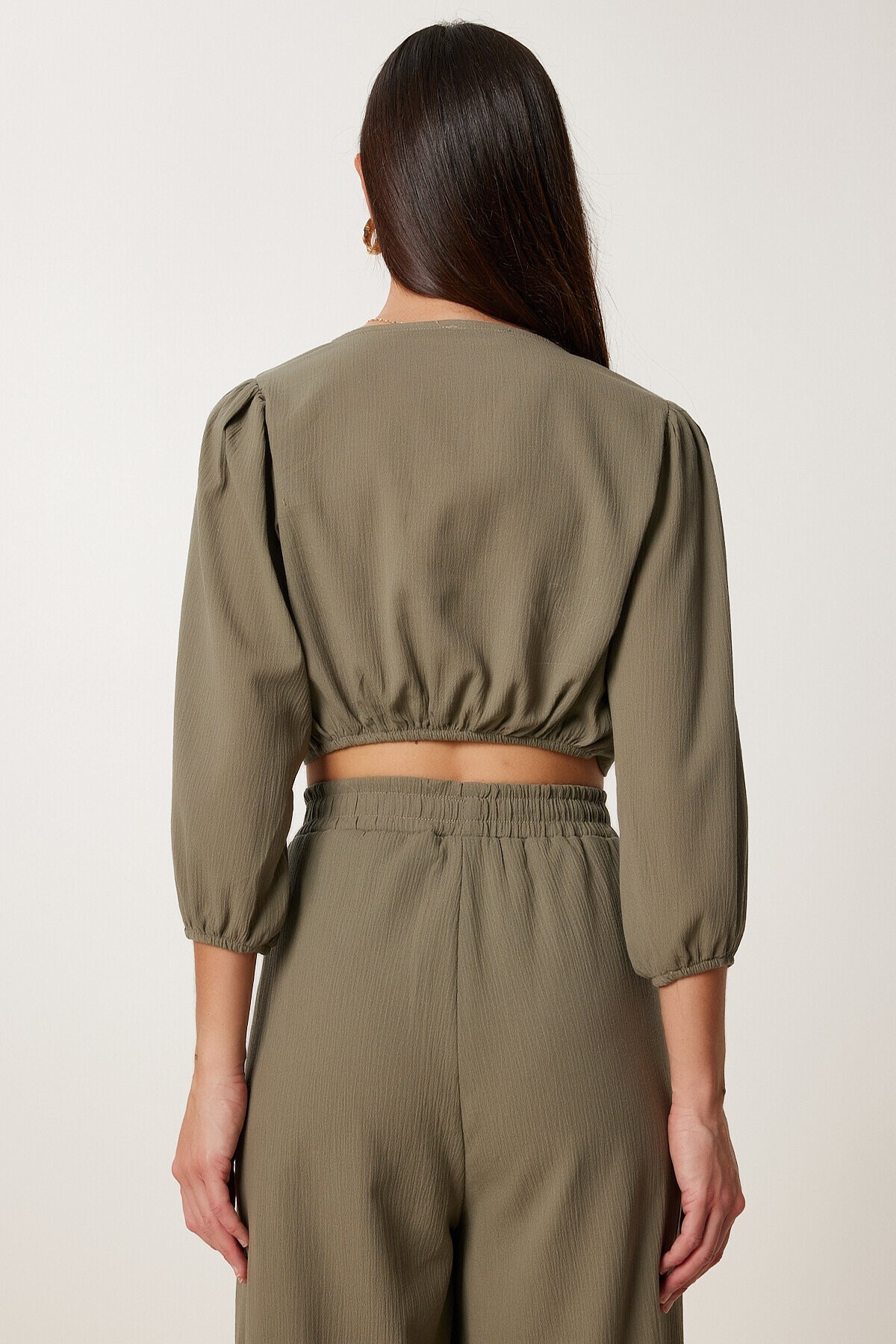 Keten Crop Bluz Pantolon Takım HAKİ LRV0107