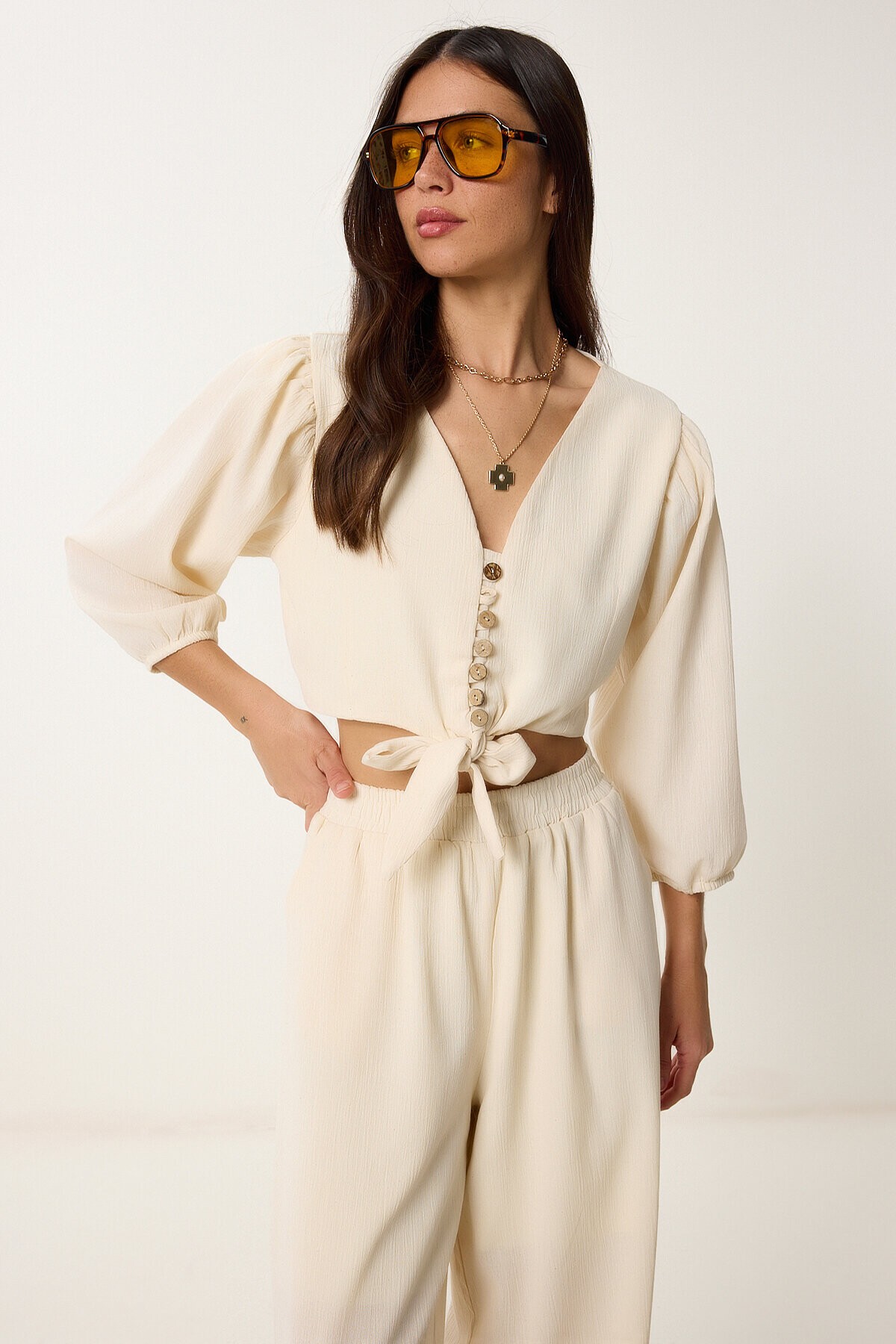 Keten Crop Bluz Pantolon Takım KREM LRV0107