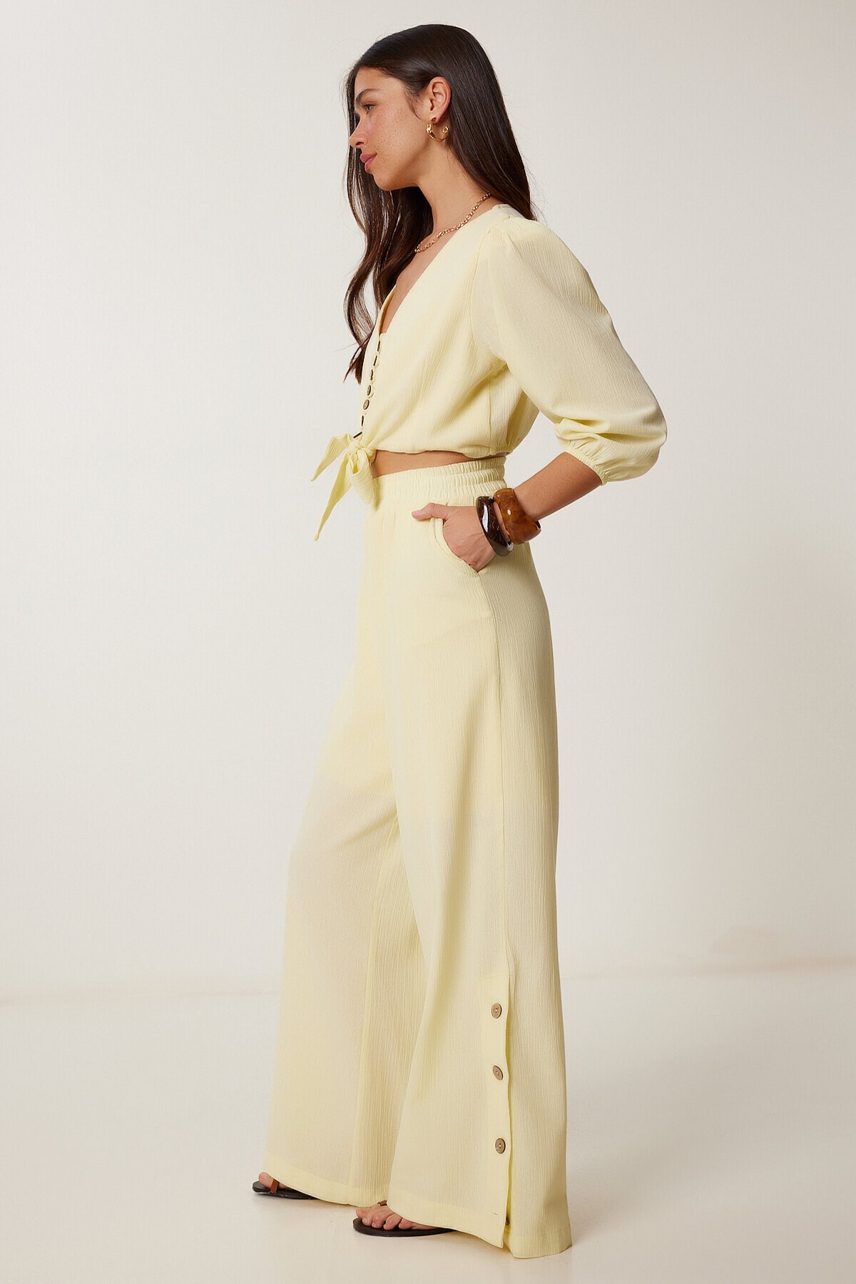 Keten Crop Bluz Pantolon Takım SARI LRV0107