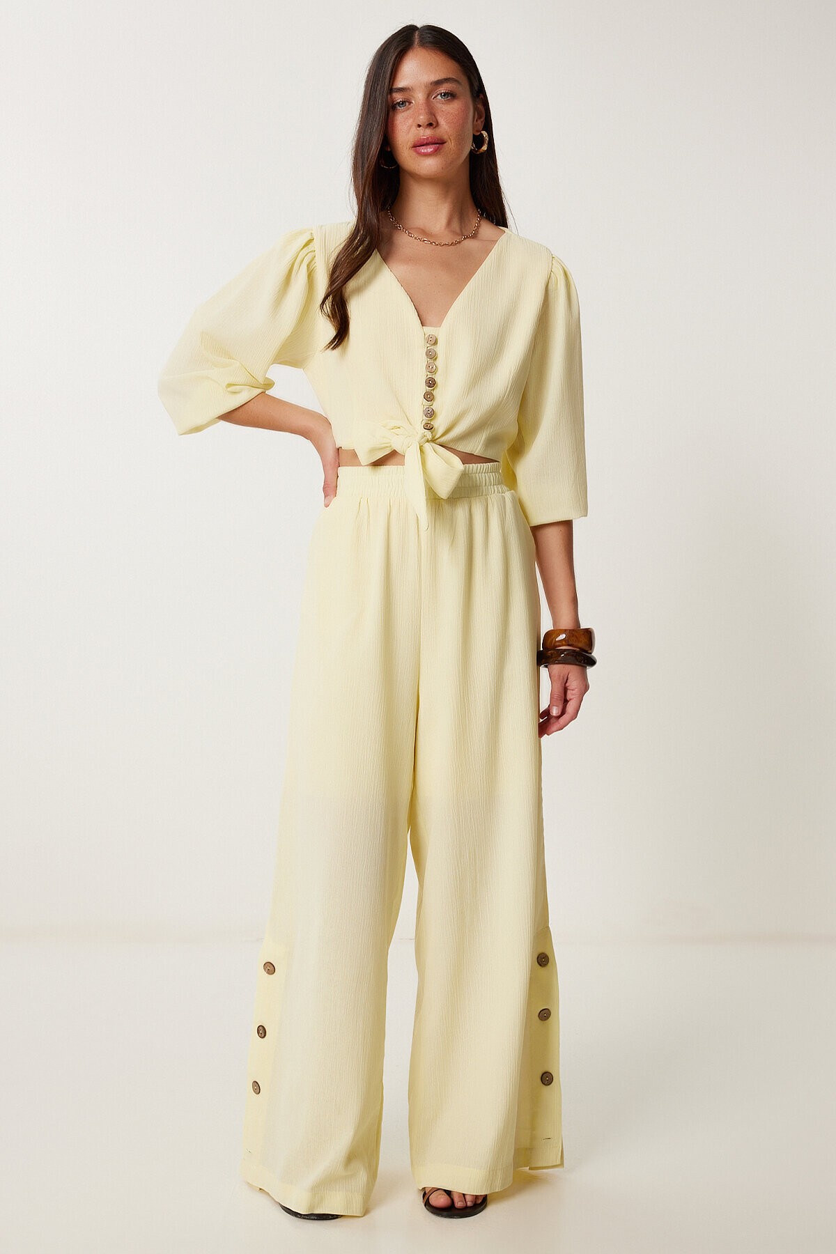 Keten Crop Bluz Pantolon Takım SARI LRV0107