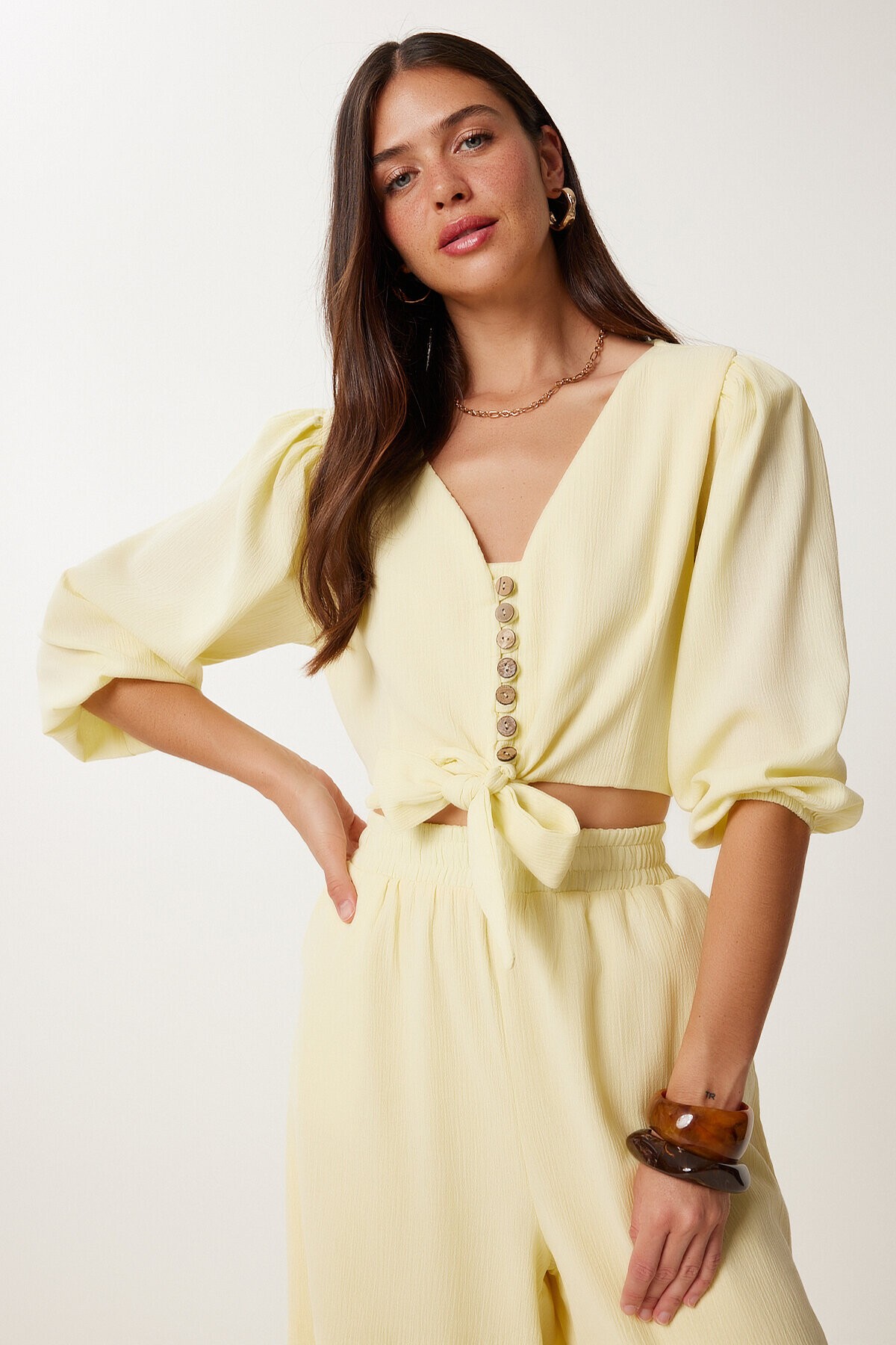 Keten Crop Bluz Pantolon Takım SARI LRV0107