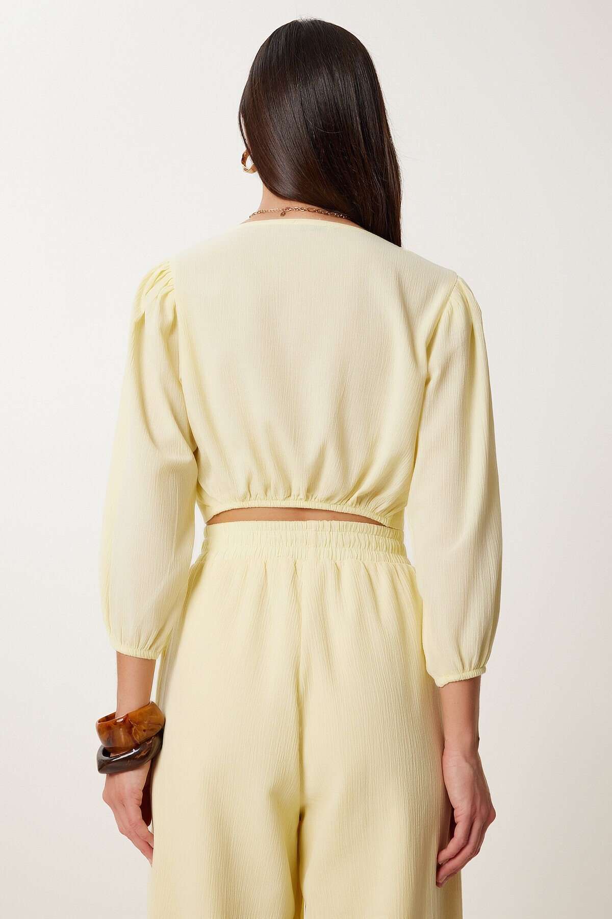 Keten Crop Bluz Pantolon Takım SARI LRV0107