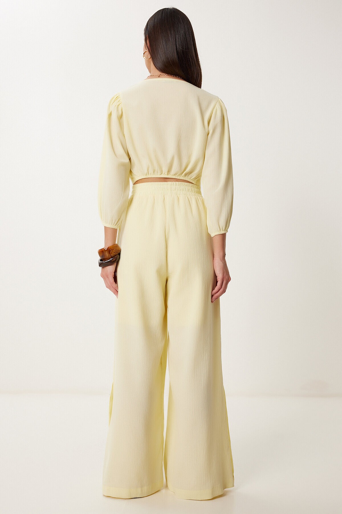 Keten Crop Bluz Pantolon Takım SARI LRV0107