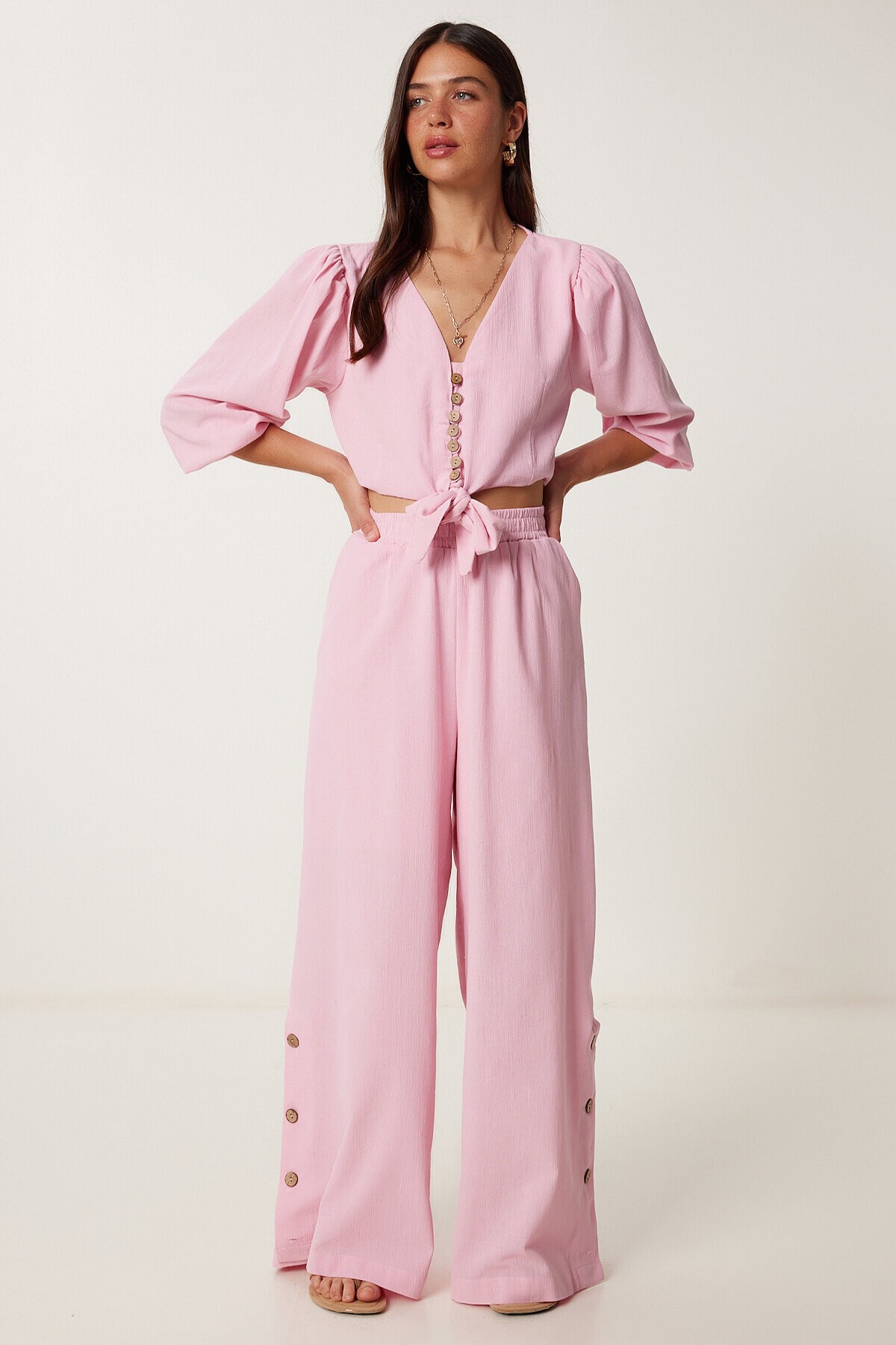 Keten Crop Bluz Pantolon Takım ŞEKER PEMBE LRV0107