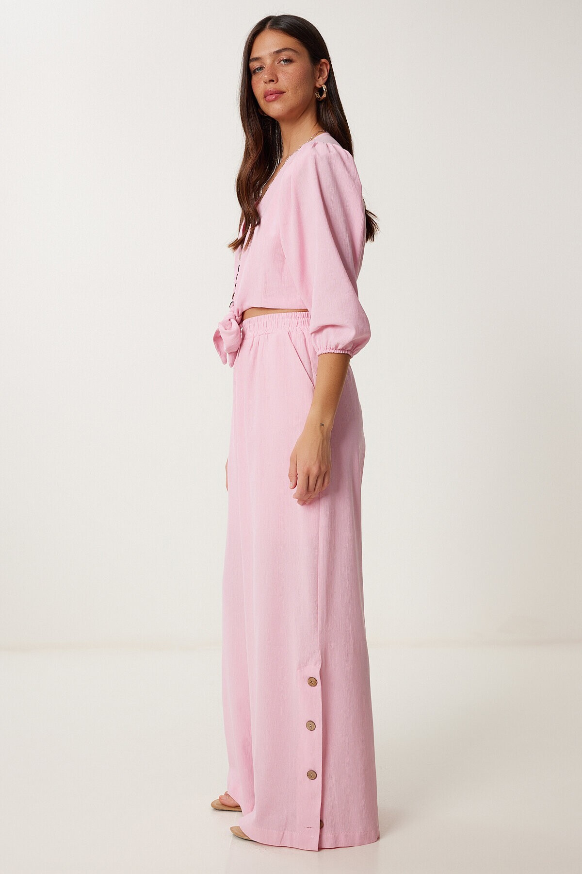 Keten Crop Bluz Pantolon Takım ŞEKER PEMBE LRV0107