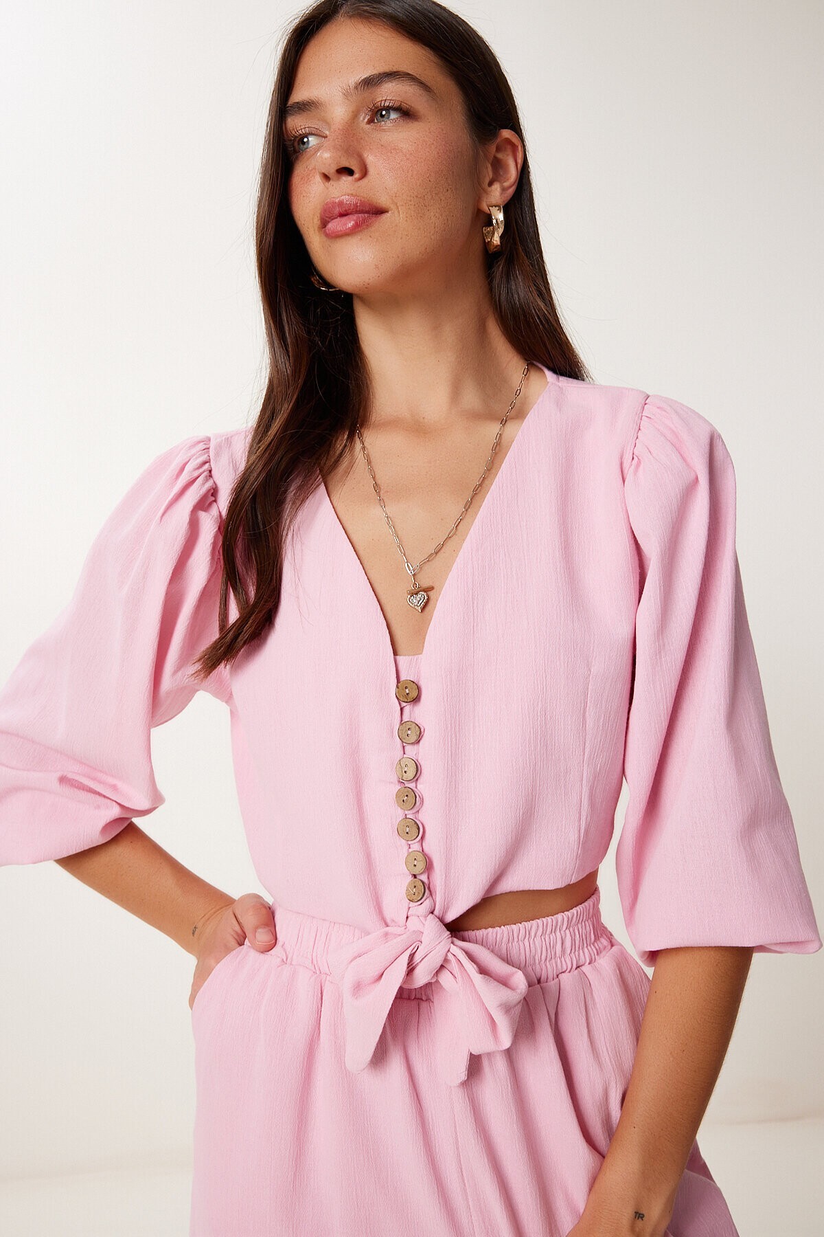 Keten Crop Bluz Pantolon Takım ŞEKER PEMBE LRV0107