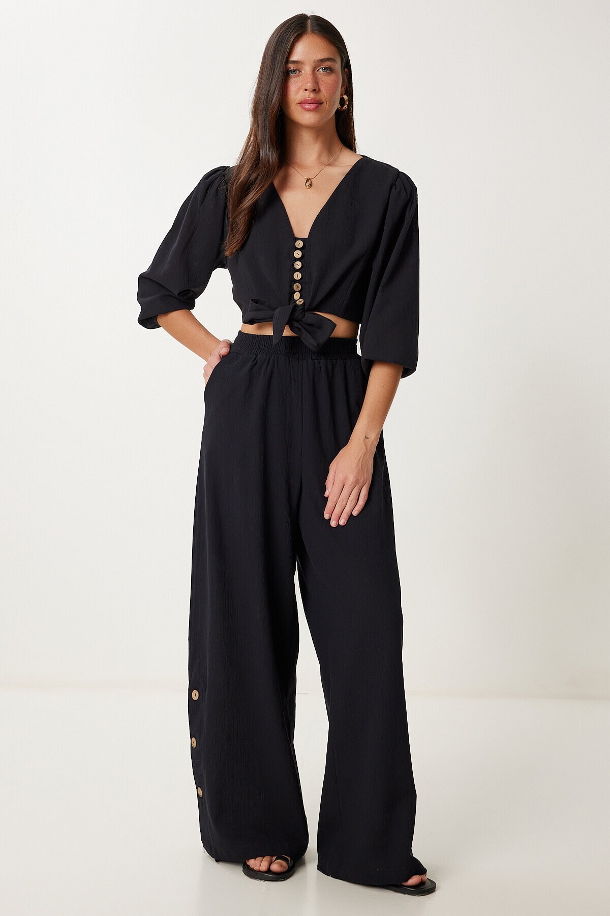 Keten Crop Bluz Pantolon Takım SİYAH LRV0107