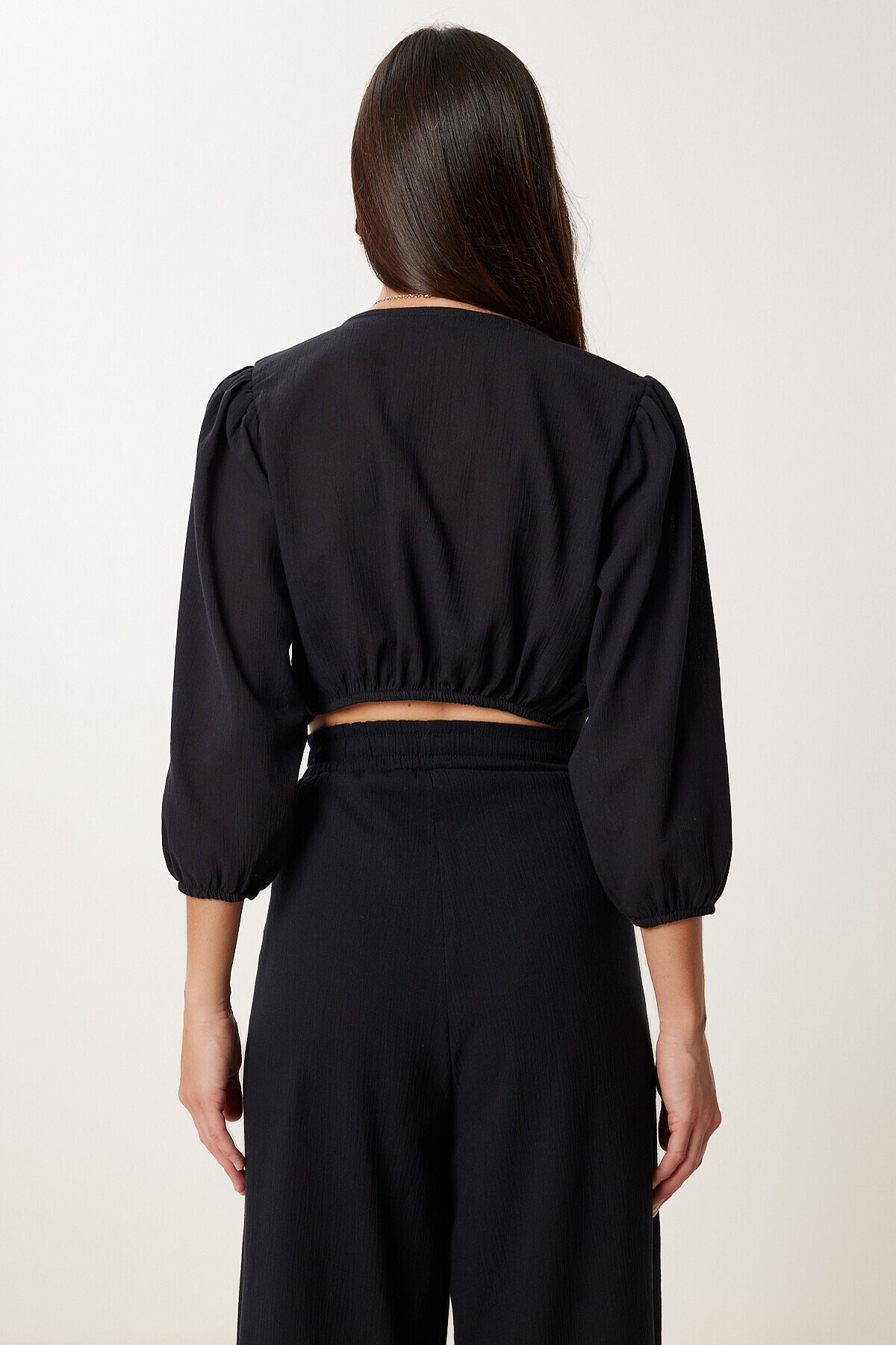 Keten Crop Bluz Pantolon Takım SİYAH LRV0107