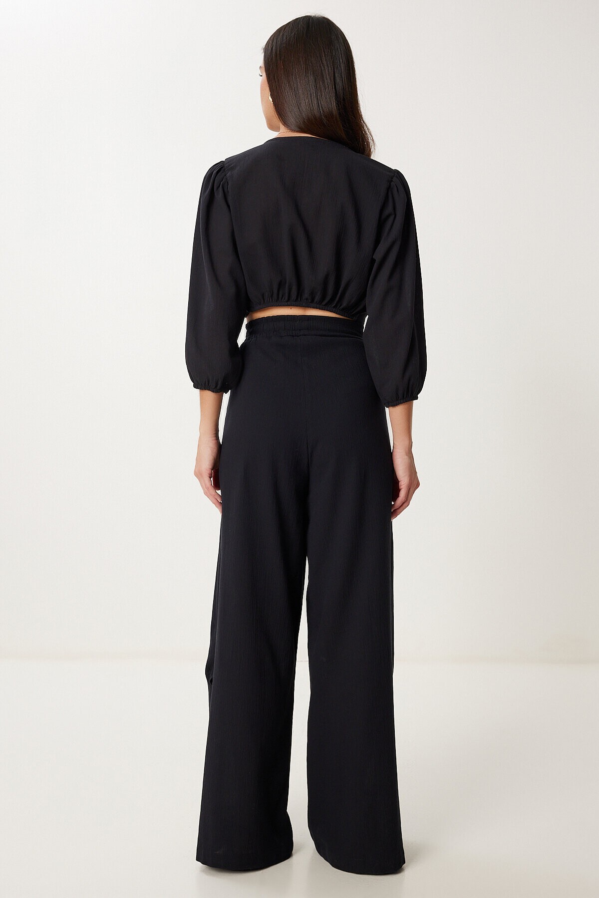 Keten Crop Bluz Pantolon Takım SİYAH LRV0107
