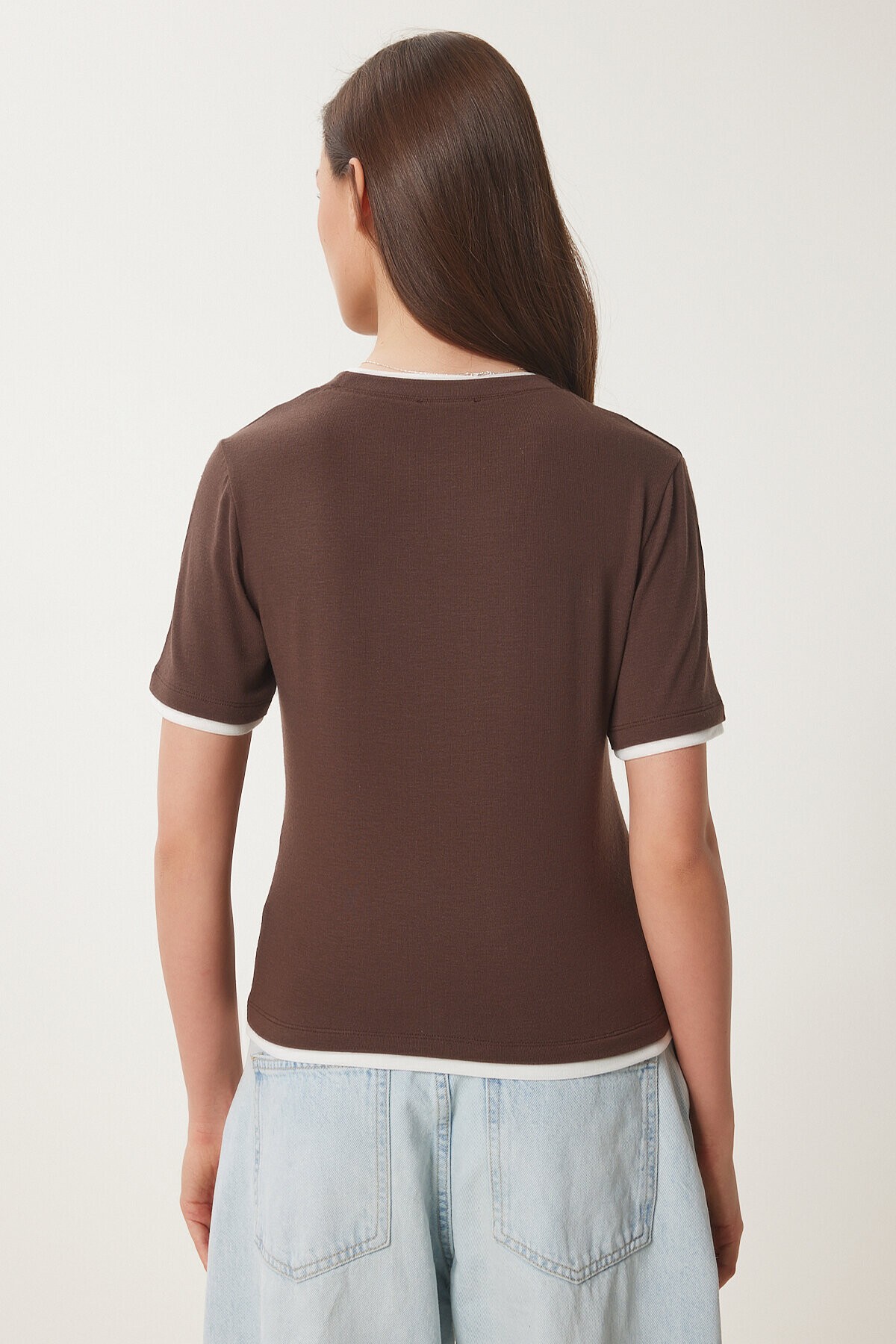 Kontrast Şerit Detaylı Örme T-shirt KAHVERENGİ KEMİK LUS0111