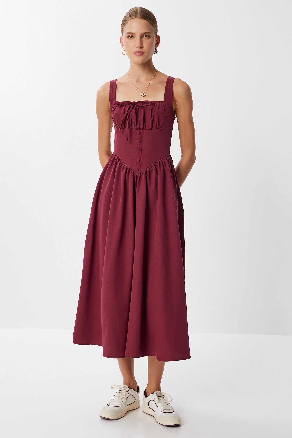 Korse Görünümlü Poplin Midi Elbise BORDO LUB0224