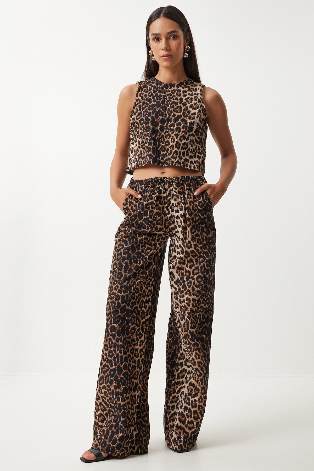 Leopar Desenli Fiyonklu Bluz Pantolon Takım SİYAH BEJ LUL0003