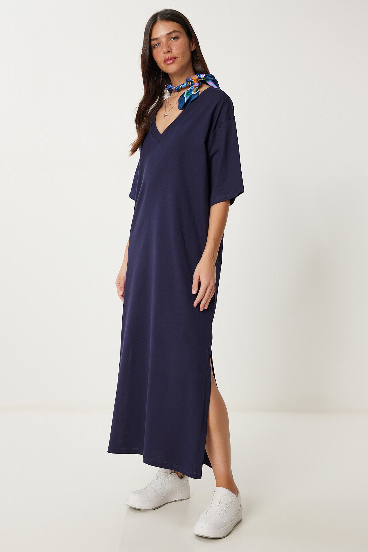 Oversize Basic Yazlık Esnek Örme Elbise LACİVERT LUB0113