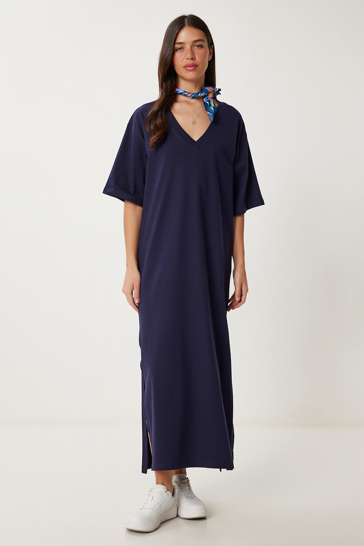 Oversize Basic Yazlık Esnek Örme Elbise LACİVERT LUB0113