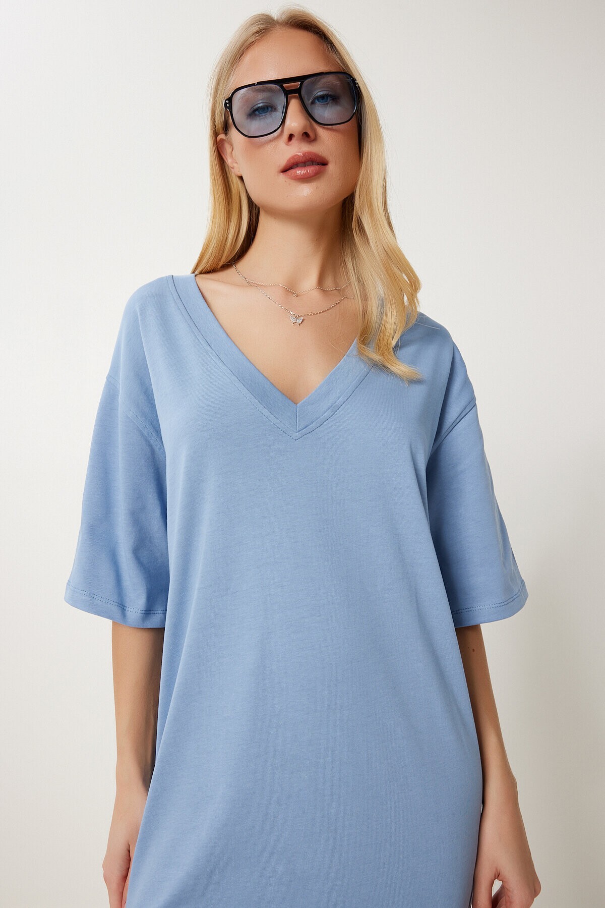 Oversize Basic Yazlık Esnek Örme Elbise MAVİ LUB0113