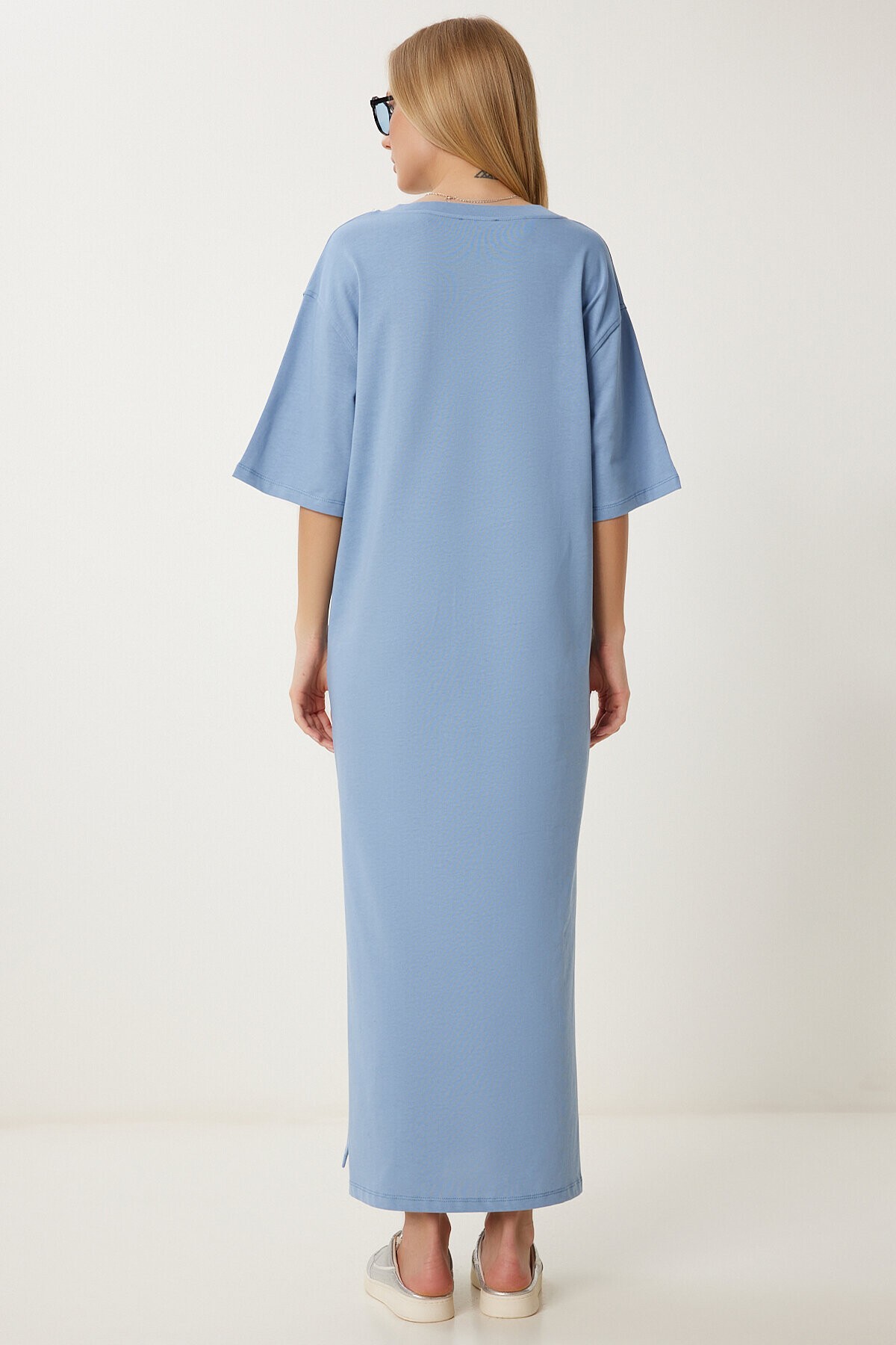 Oversize Basic Yazlık Esnek Örme Elbise MAVİ LUB0113