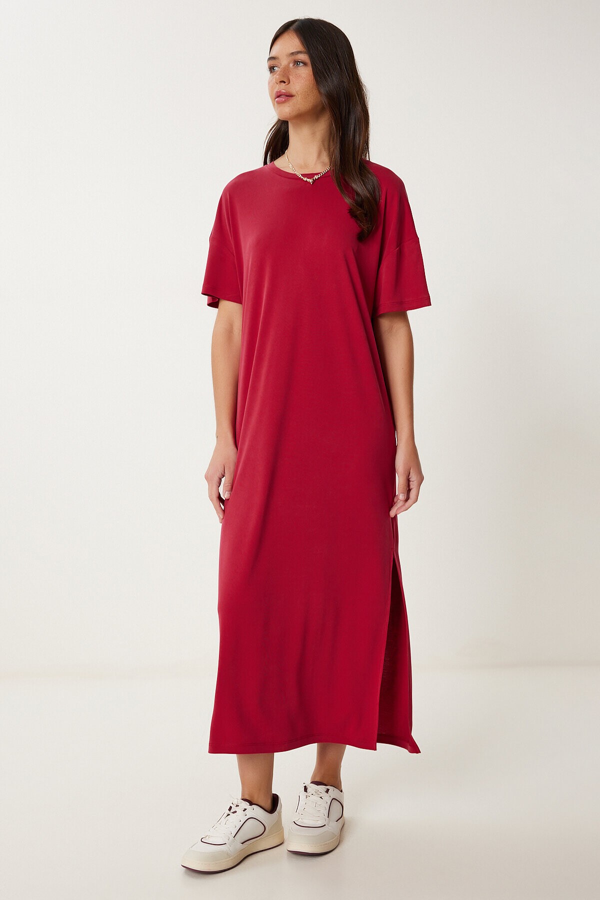 Oversize Basic Yazlık Örme Elbise BORDO LUB0082