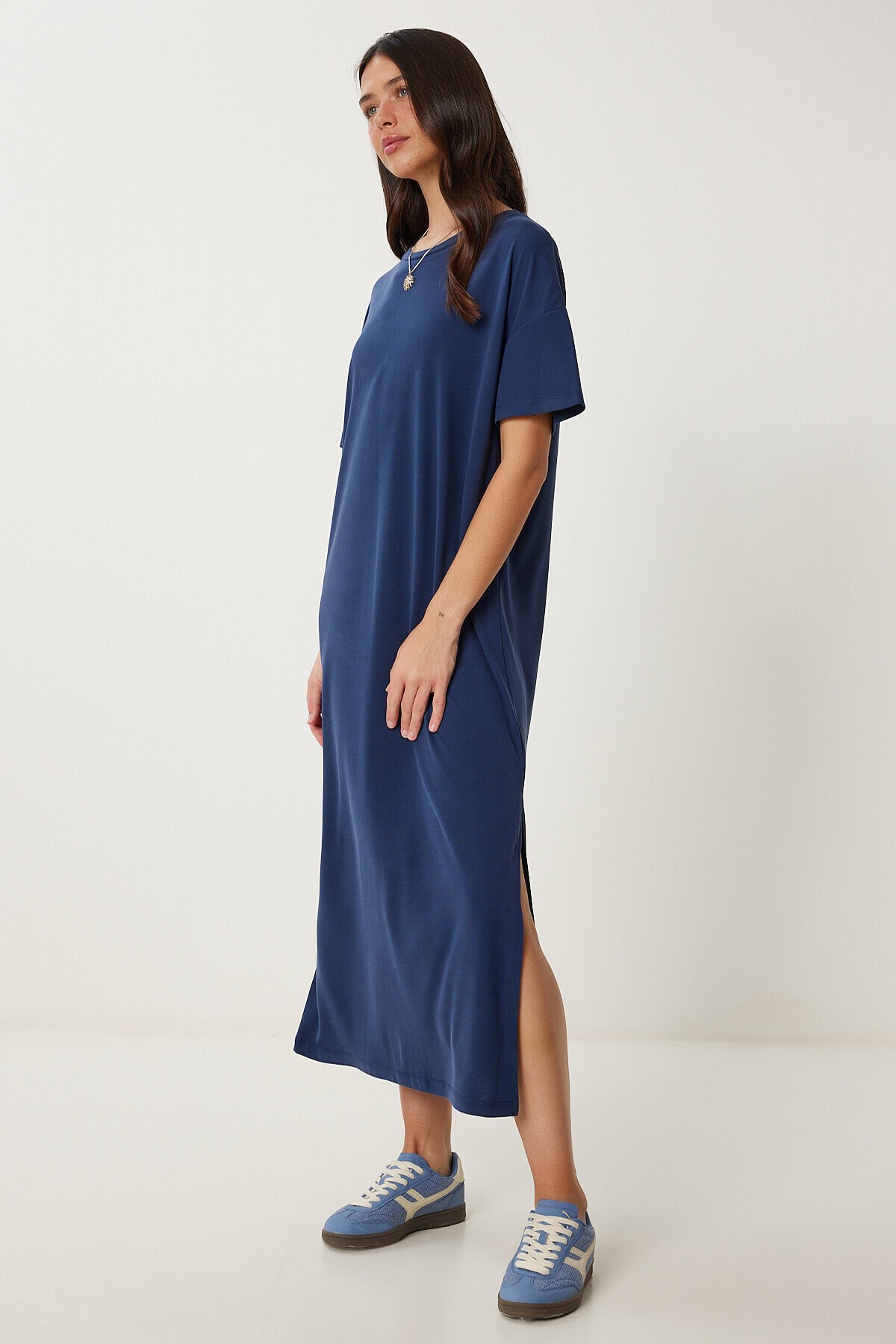 Oversize Basic Yazlık Örme Elbise LACİVERT LUB0082