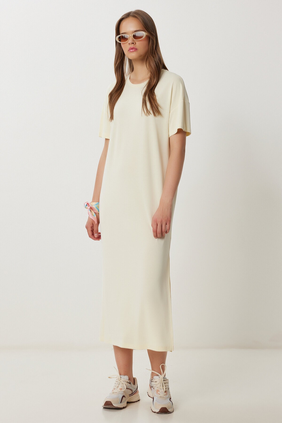Oversize Basic Yazlık Örme Elbise SARI LUB0082