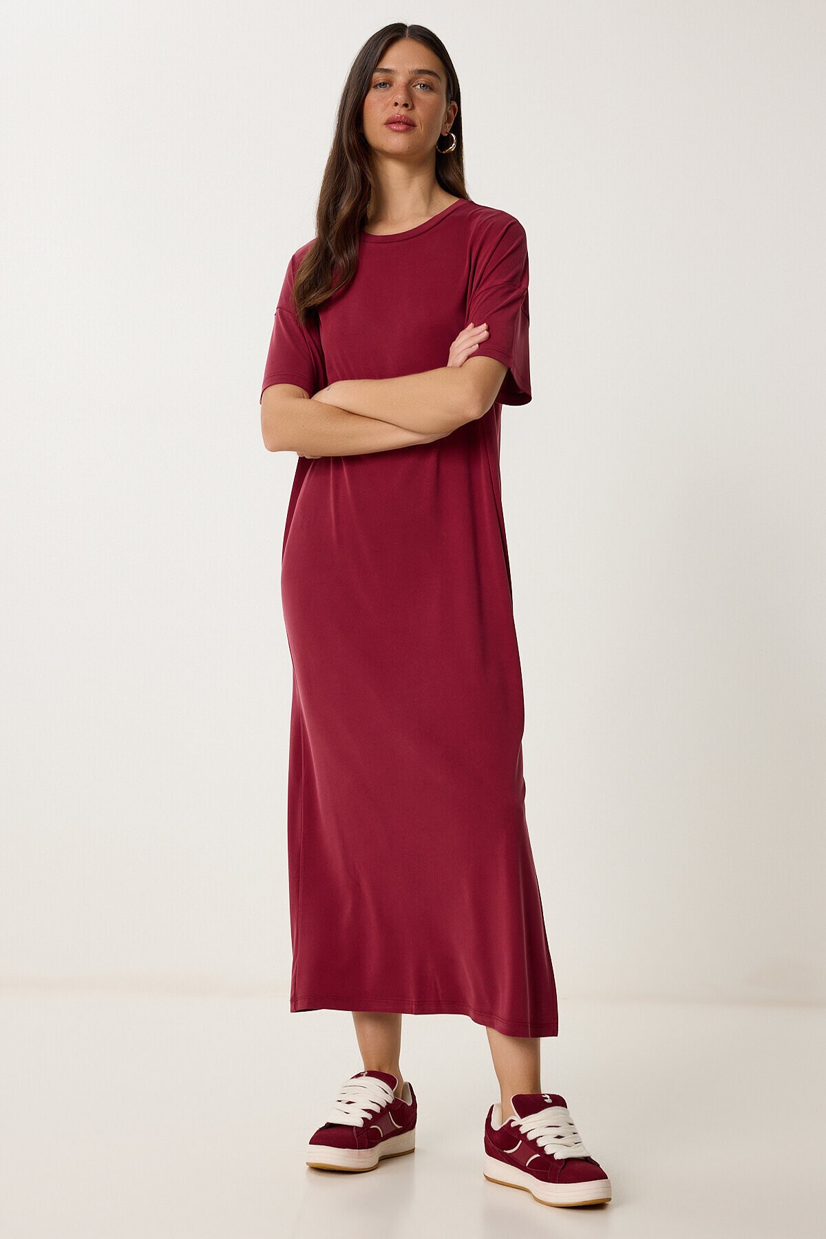 Oversize Basic Yazlık Örme Elbise VİŞNE LUB0082