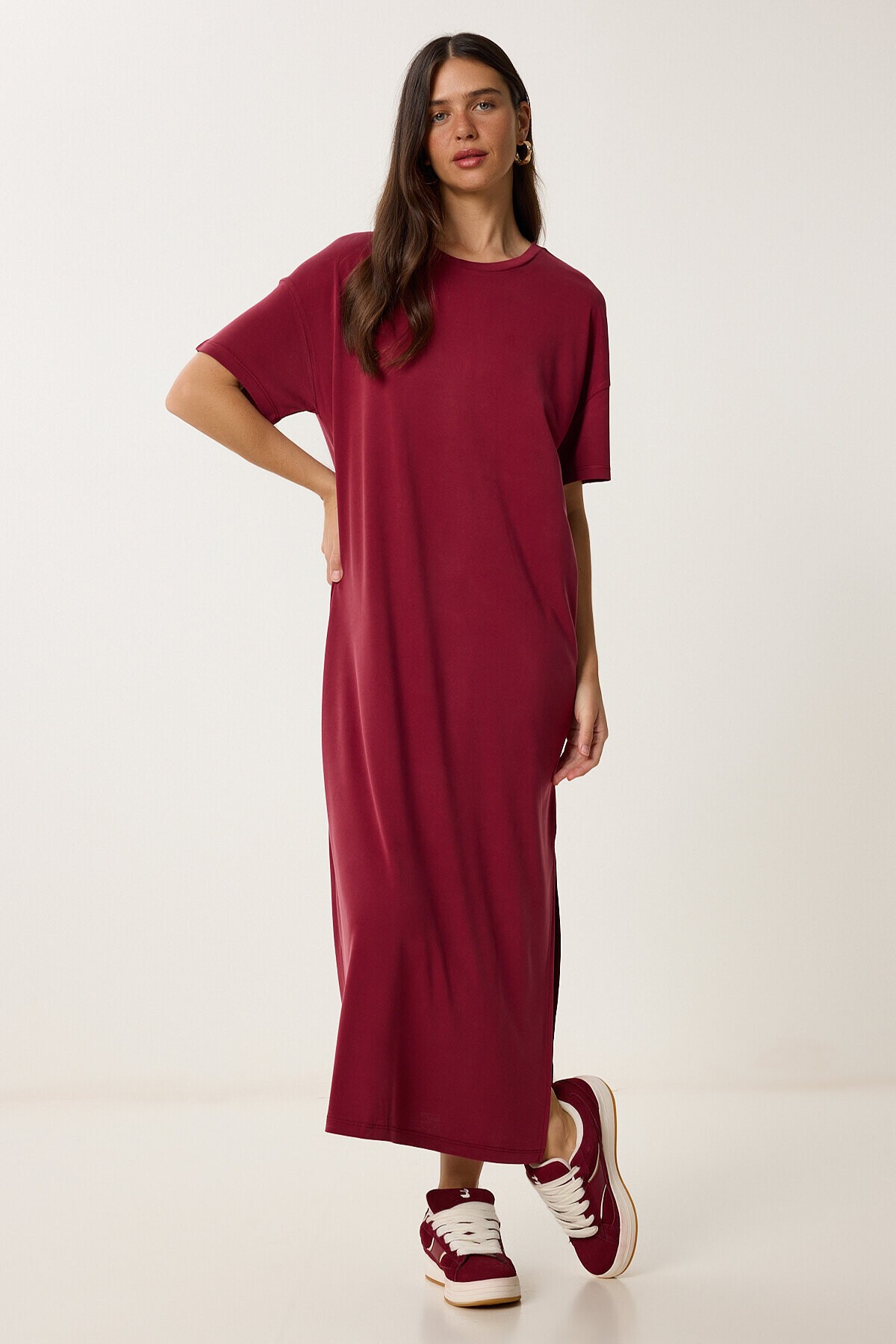Oversize Basic Yazlık Örme Elbise VİŞNE LUB0082
