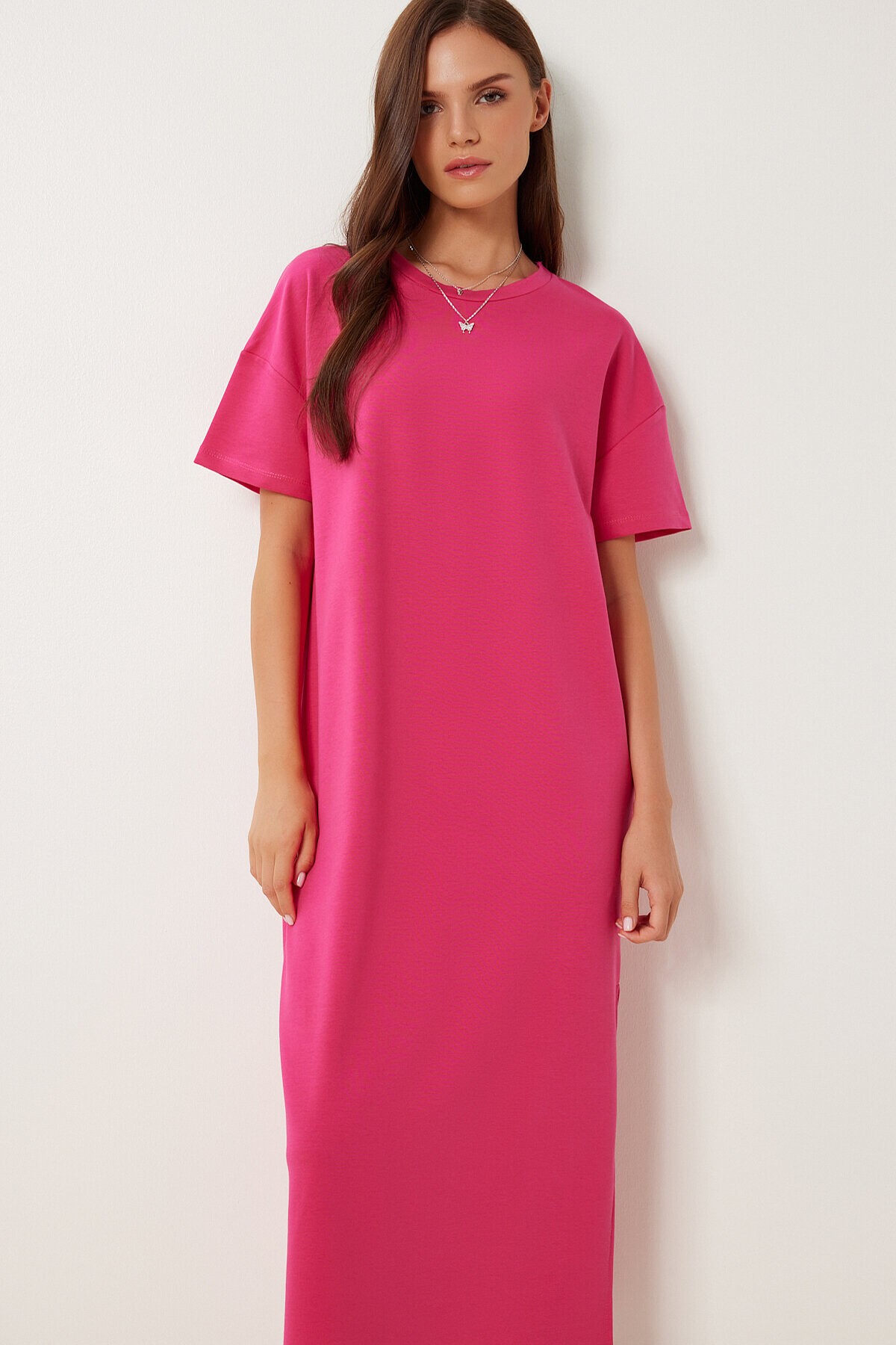 Pamuklu Yazlık Günlük Penye Elbise PEMBE LUB0056