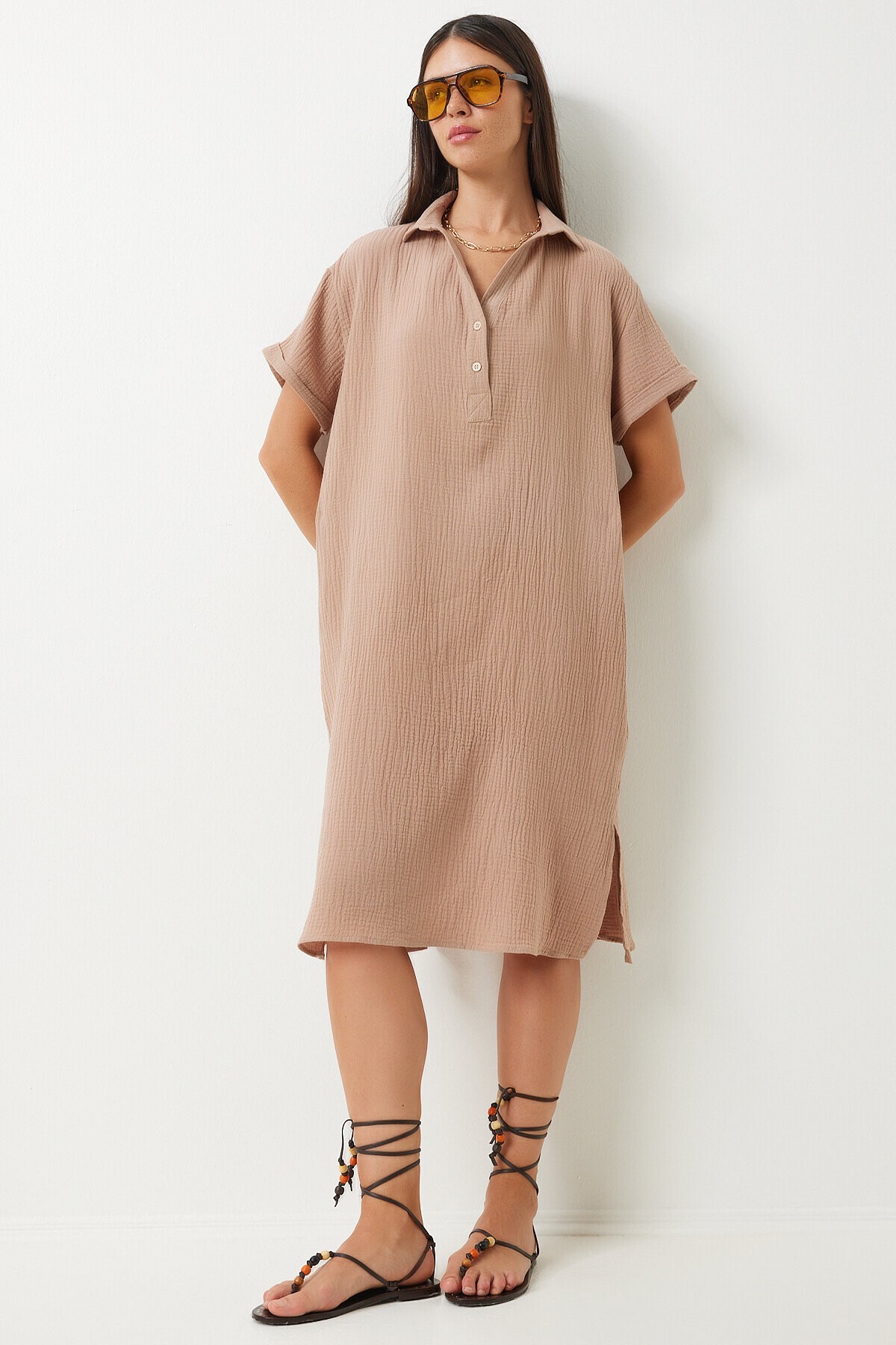 Polo Yaka Yazlık Bol Müslin Elbise BİSKÜVİ LTO0028