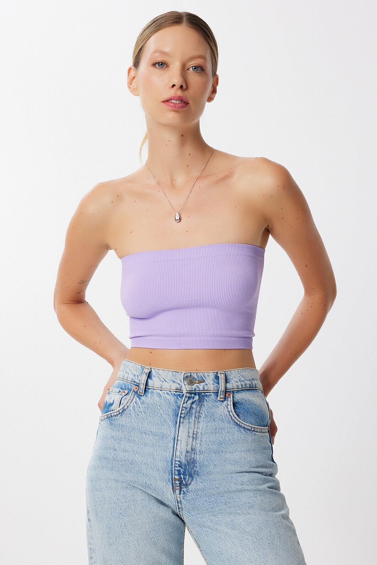 Straplez Fitilli Örme 2li Paket Büstiyer LİLA BEYAZ LUB0211