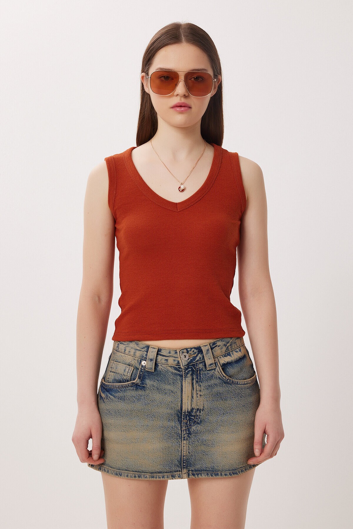 V Yaka Basic Fitilli Örme Bluz KİREMİT LRN0029