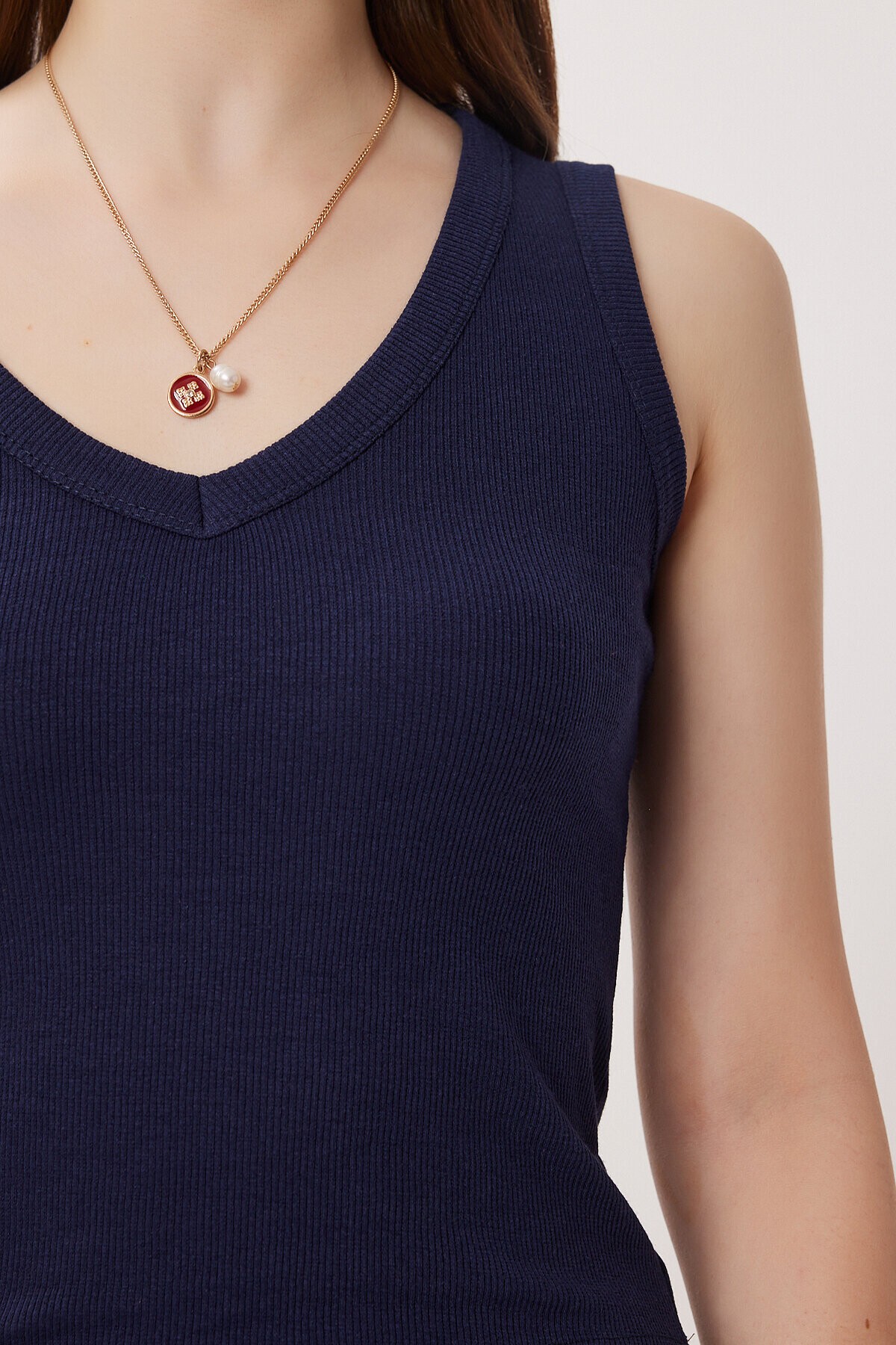 V Yaka Basic Fitilli Örme Bluz LACİVERT LRN0029