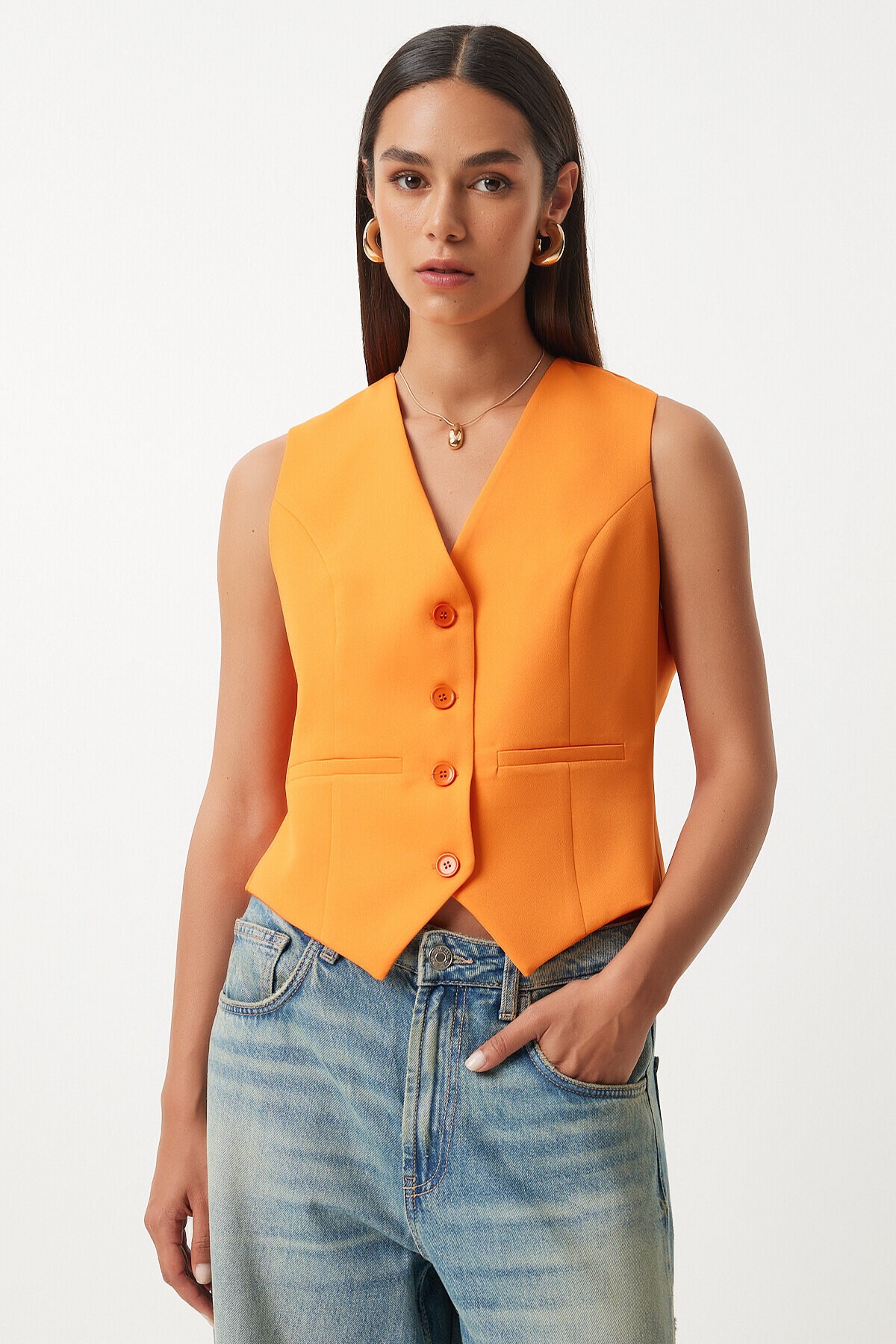 Vucüda Oturan Crop Dokuma Yelek ORANJ LTO0003