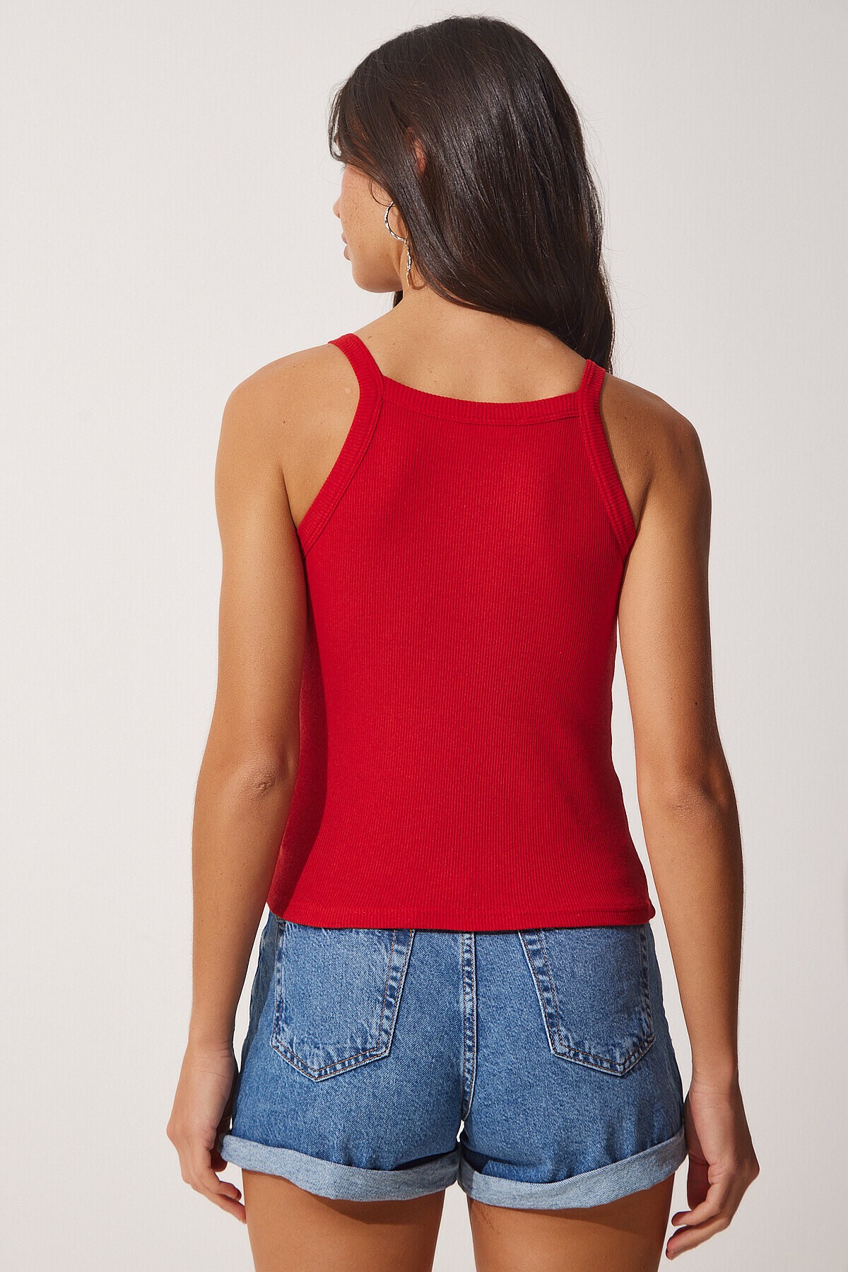 2li Fitilli Crop Halter Yaka Örme Atlet KIRMIZI BEYAZ LZV0003