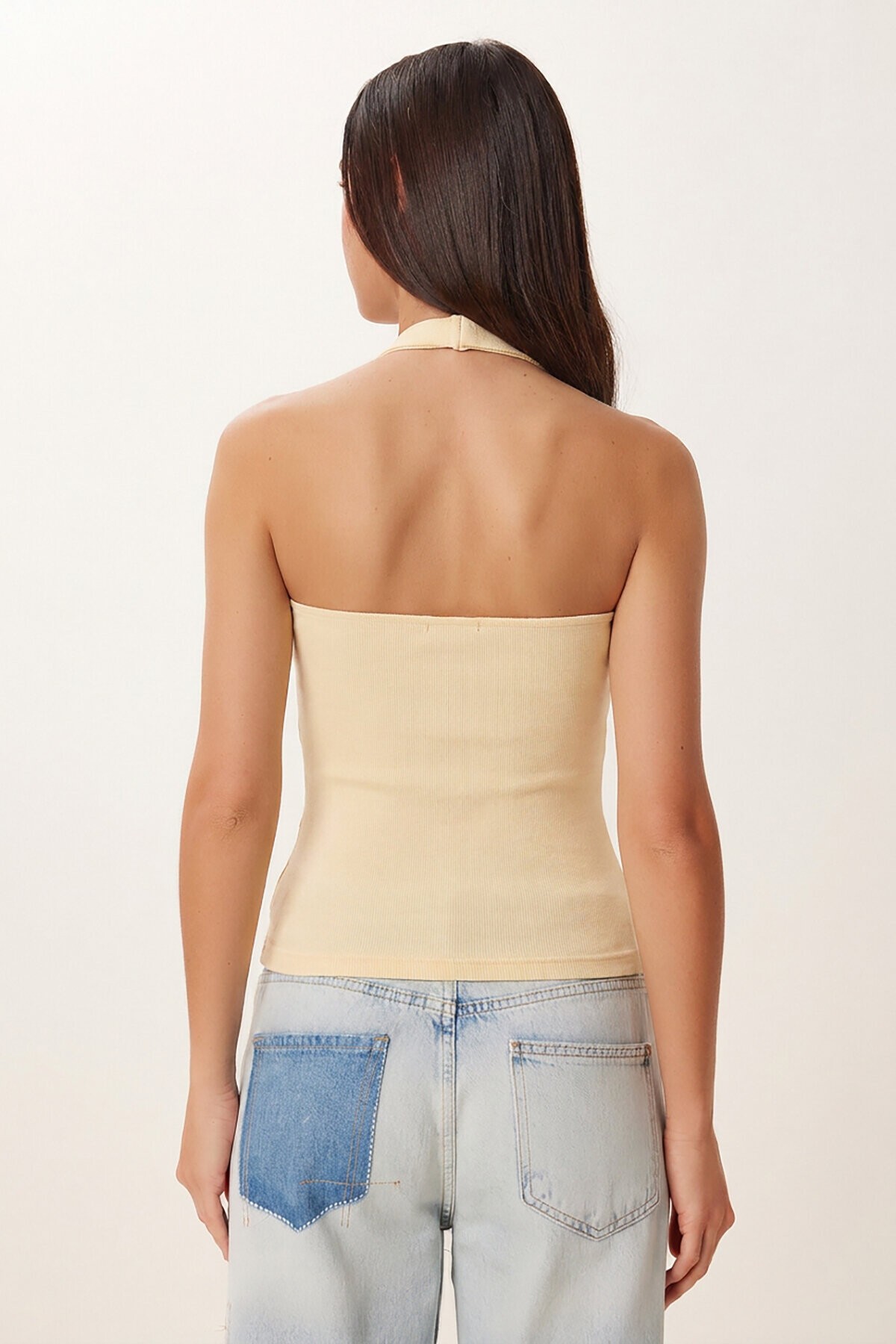 2’li Paket Halter Yaka Basic Örme Bluz BEYAZ SARI LDZ0078