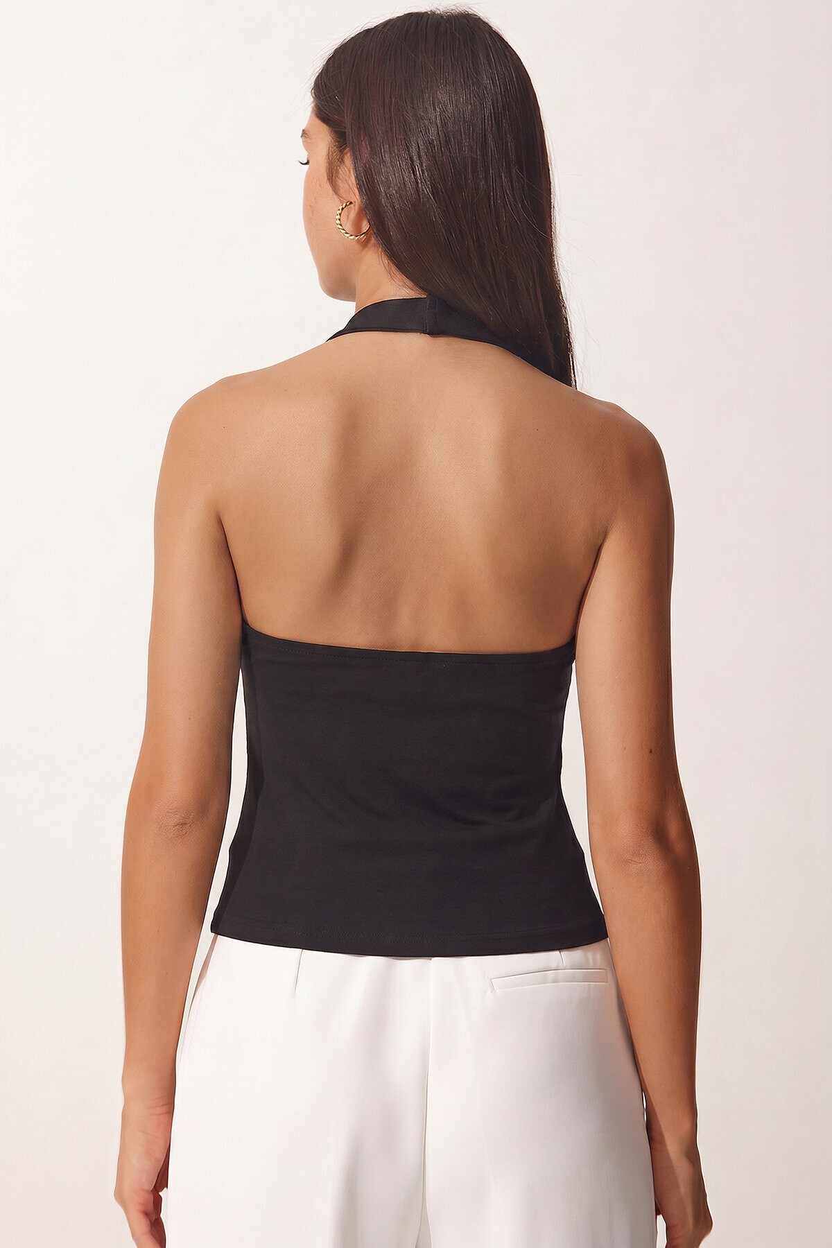 2’li Paket Halter Yaka Basic Örme Bluz SİYAH BEYAZ LDZ0078