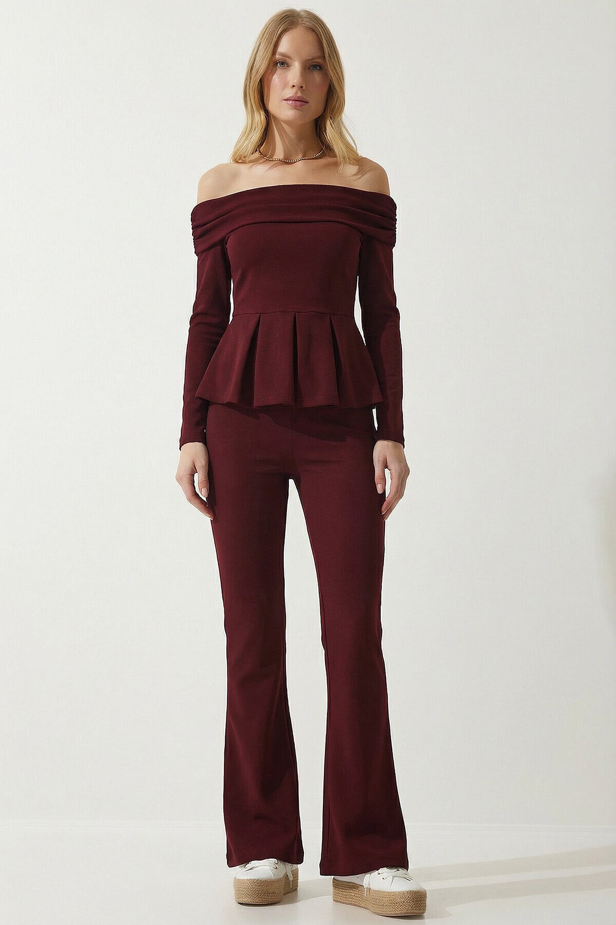 Açık Omuzlu Esnek Örme Alt-Üst Takım BORDO LZH0021