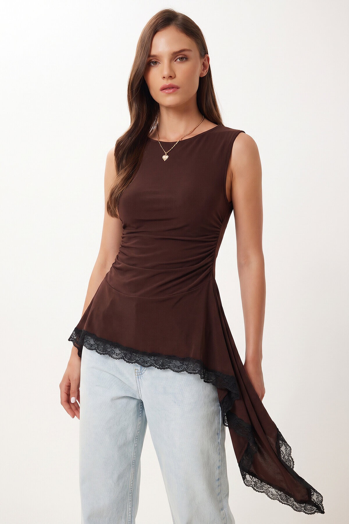 Asimetrik Dantelli Sandy Bluz KAHVERENGİ LZV0069