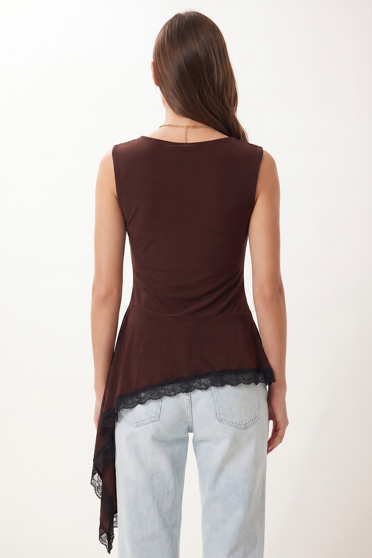 Asimetrik Dantelli Sandy Bluz KAHVERENGİ LZV0069
