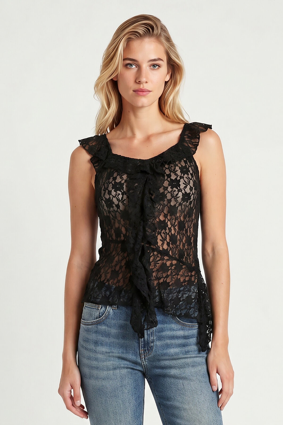 Asimetrik Dantelli Transparan Bluz SİYAH LFW0029