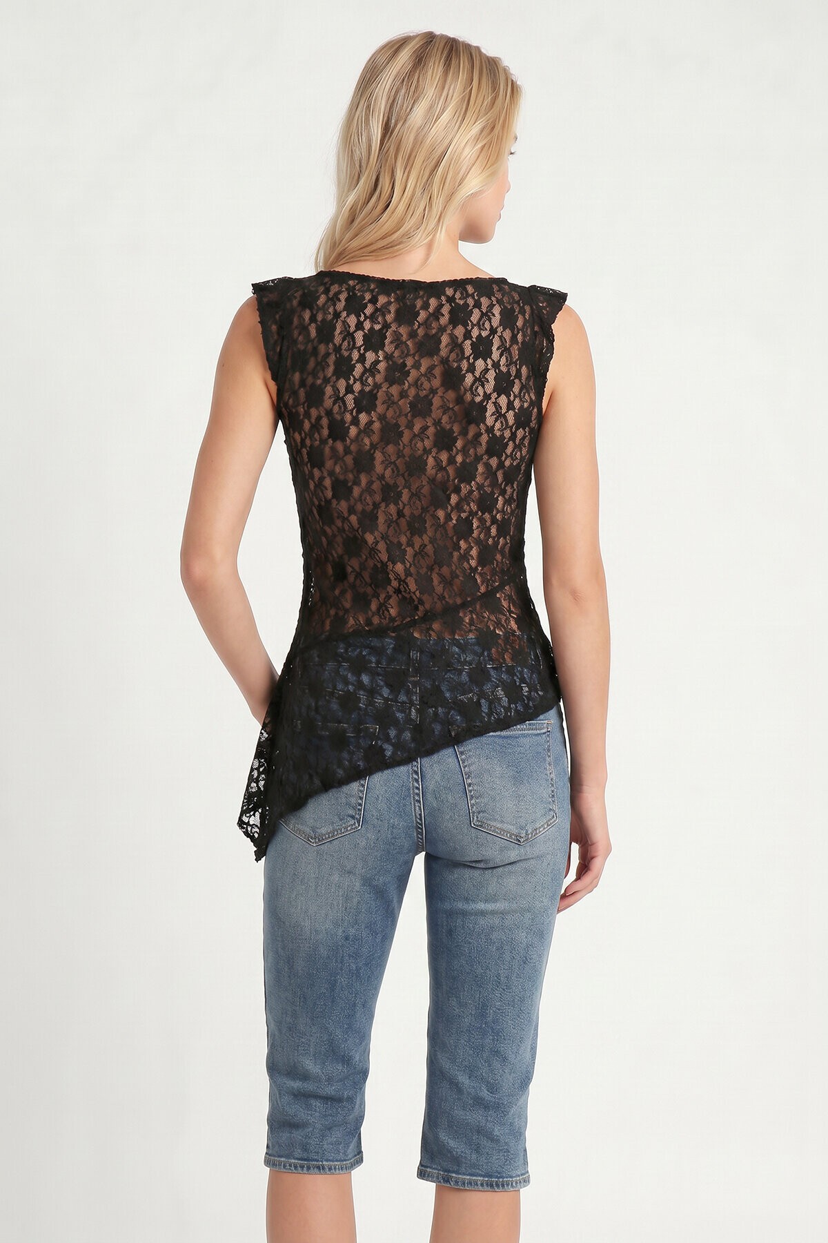 Asimetrik Dantelli Transparan Bluz SİYAH LFW0029